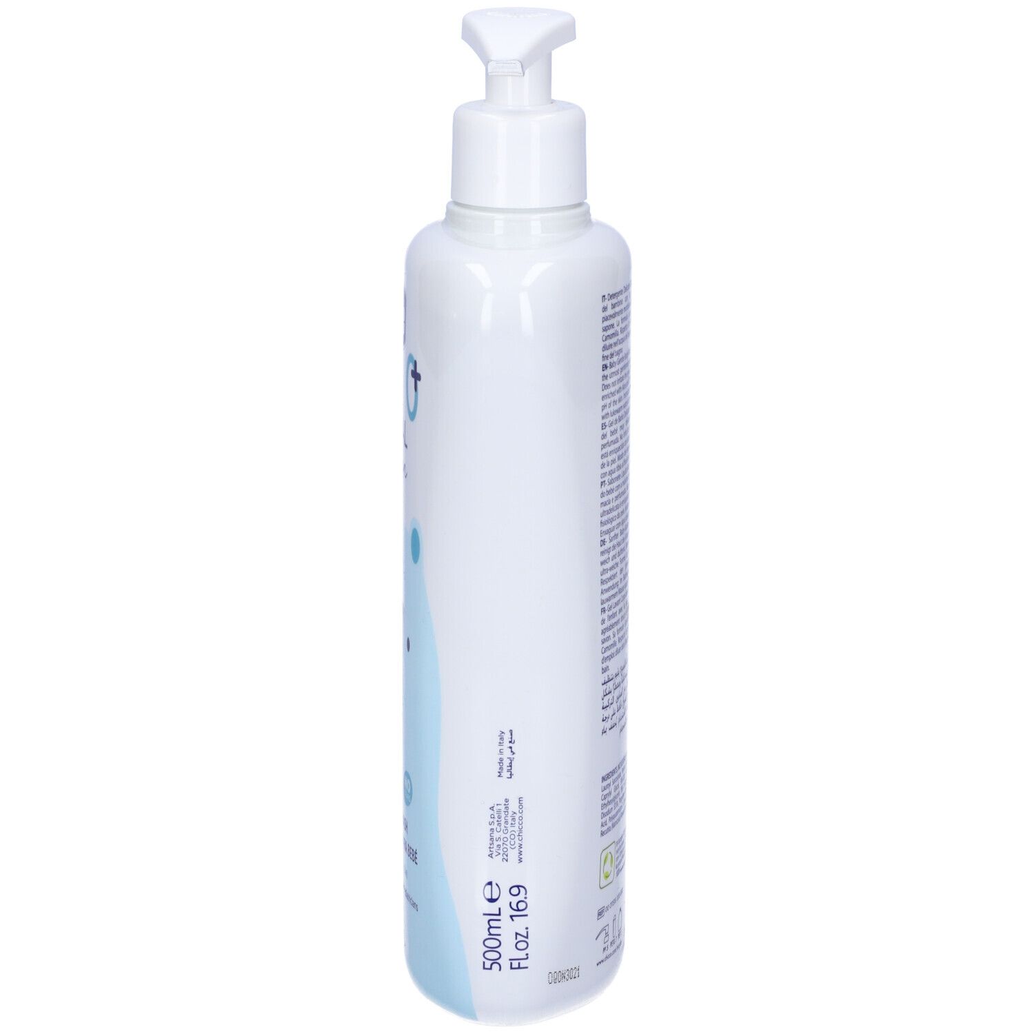 Flacone bianco con dosatore, vista laterale. Scritta: 500ml. Simbolo di riciclo.