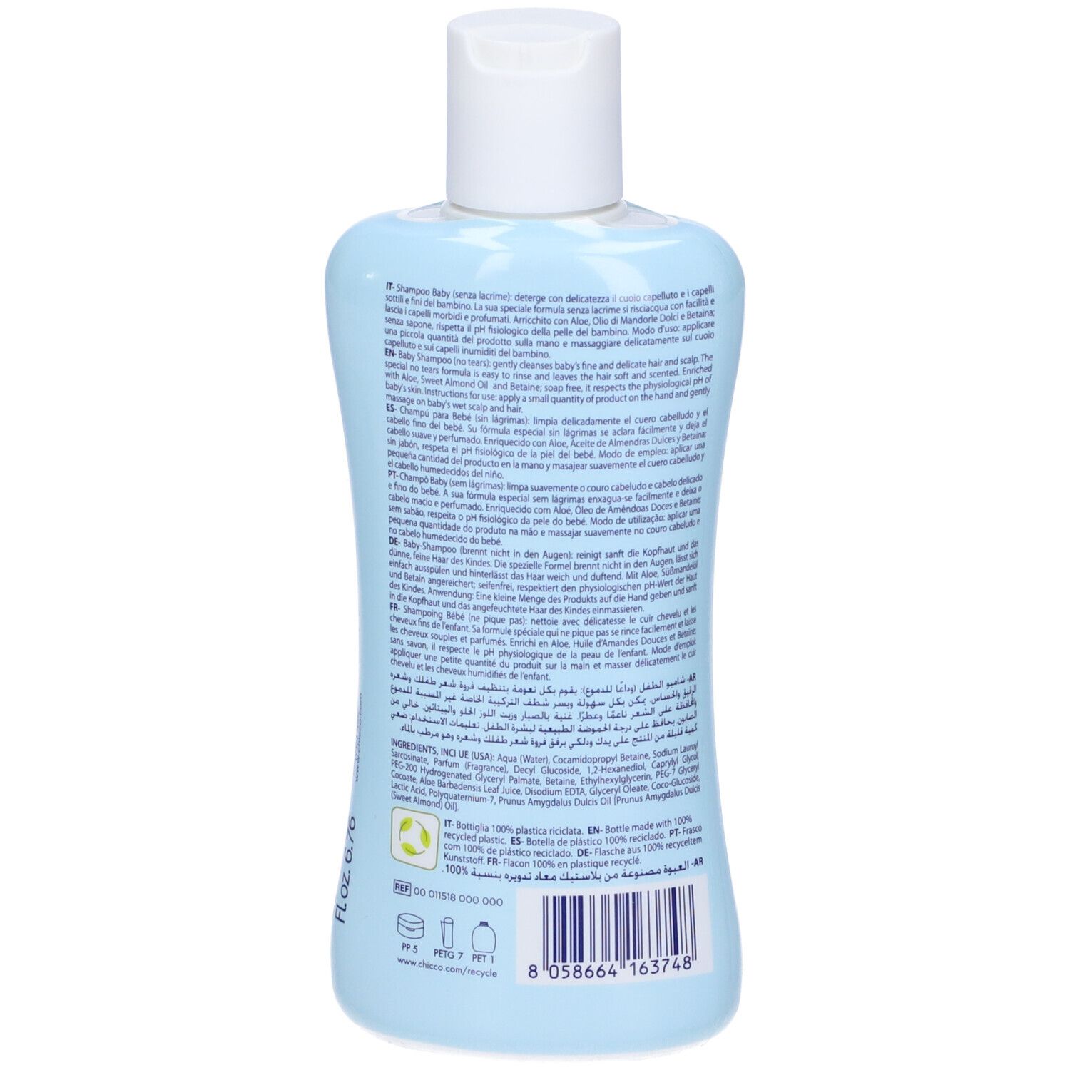 Rückseite einer hellblauen Flasche mit weißem Deckel. Text in mehreren Sprachen. Produkt: Chicco Natural Sensation Baby Shampoo.