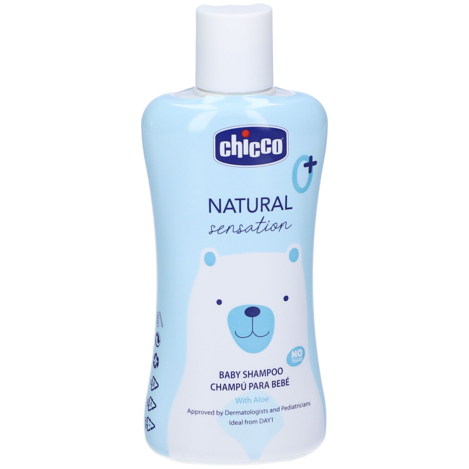 Hellblaue Flasche mit weißem Deckel. Aufschrift: Chicco, Natural Sensation, Baby Shampoo. Abbildung eines Bären.