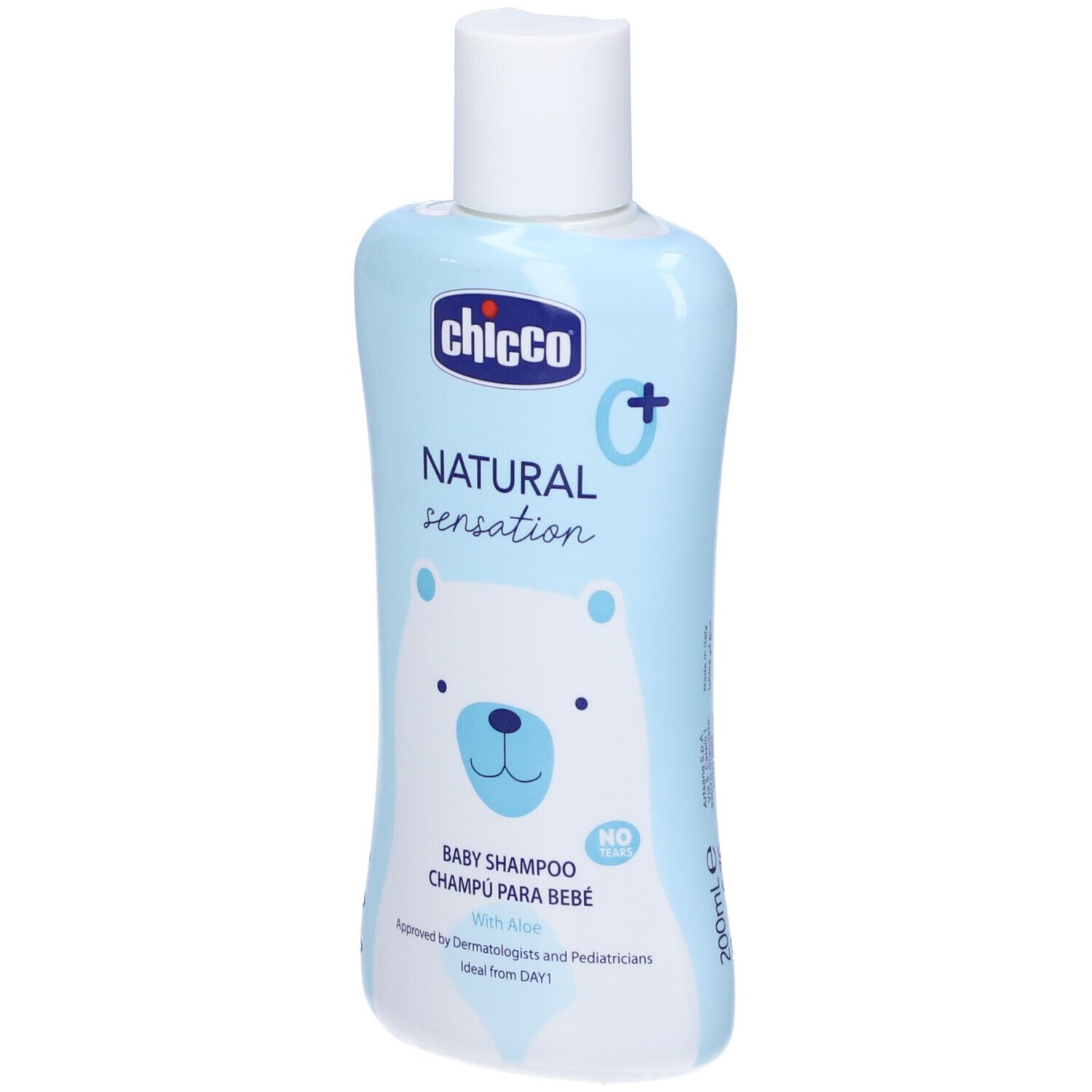 Hellblaue Flasche mit weißem Deckel. Aufschrift: Chicco, Natural Sensation, Baby Shampoo. 200ml. Abbildung eines Bären.