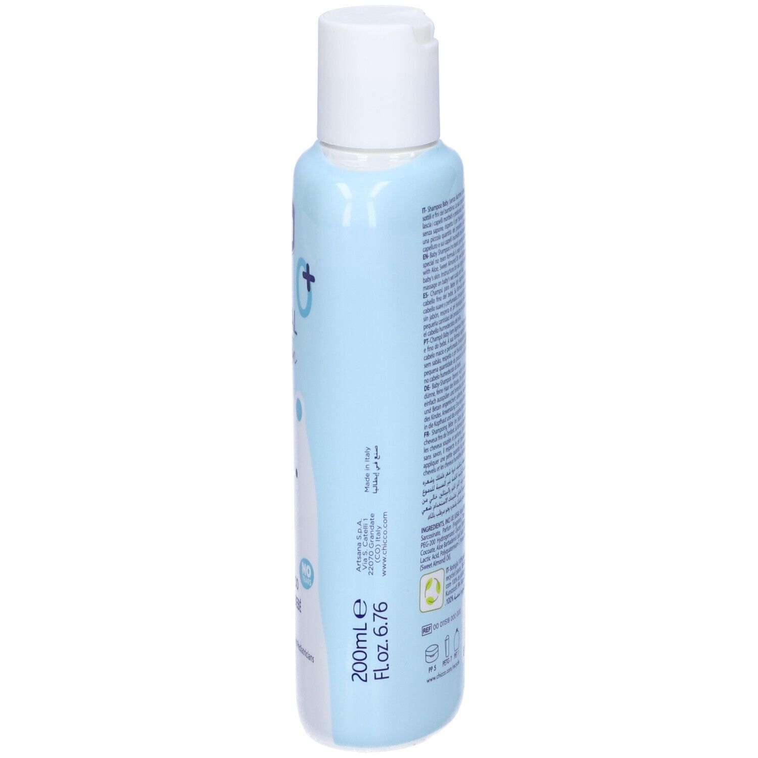Hellblaue Flasche mit weißem Deckel. Aufschrift: Chicco Natural Sensation Baby Shampoo. 200ml. Text und Symbole auf der Seite.