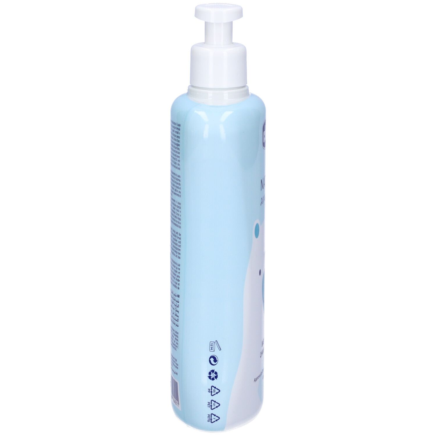 Hellblaue Flasche mit weißem Pumpspender. Enthält Produktinformationen und Recycling-Symbole.