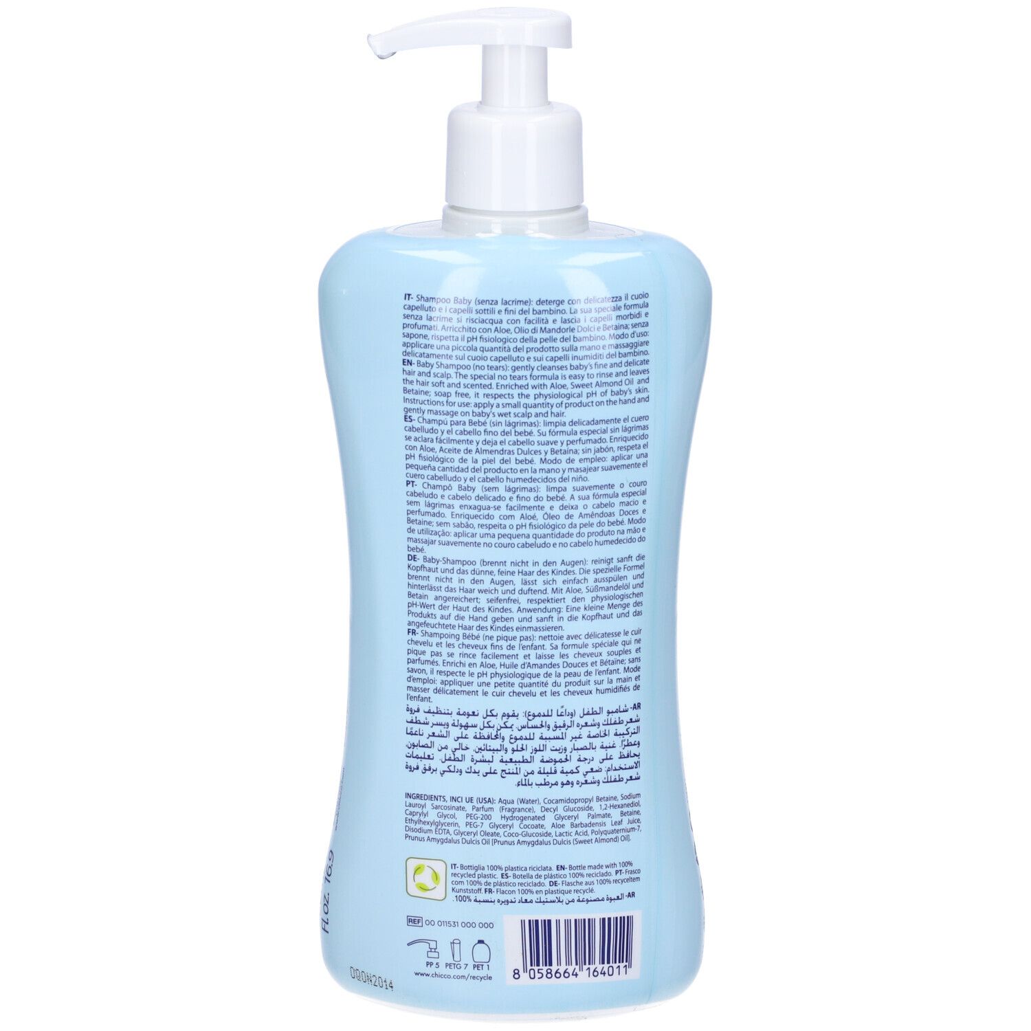 Hellblaue Flasche mit weißem Pumpspender, Rückseite mit Textetikett.