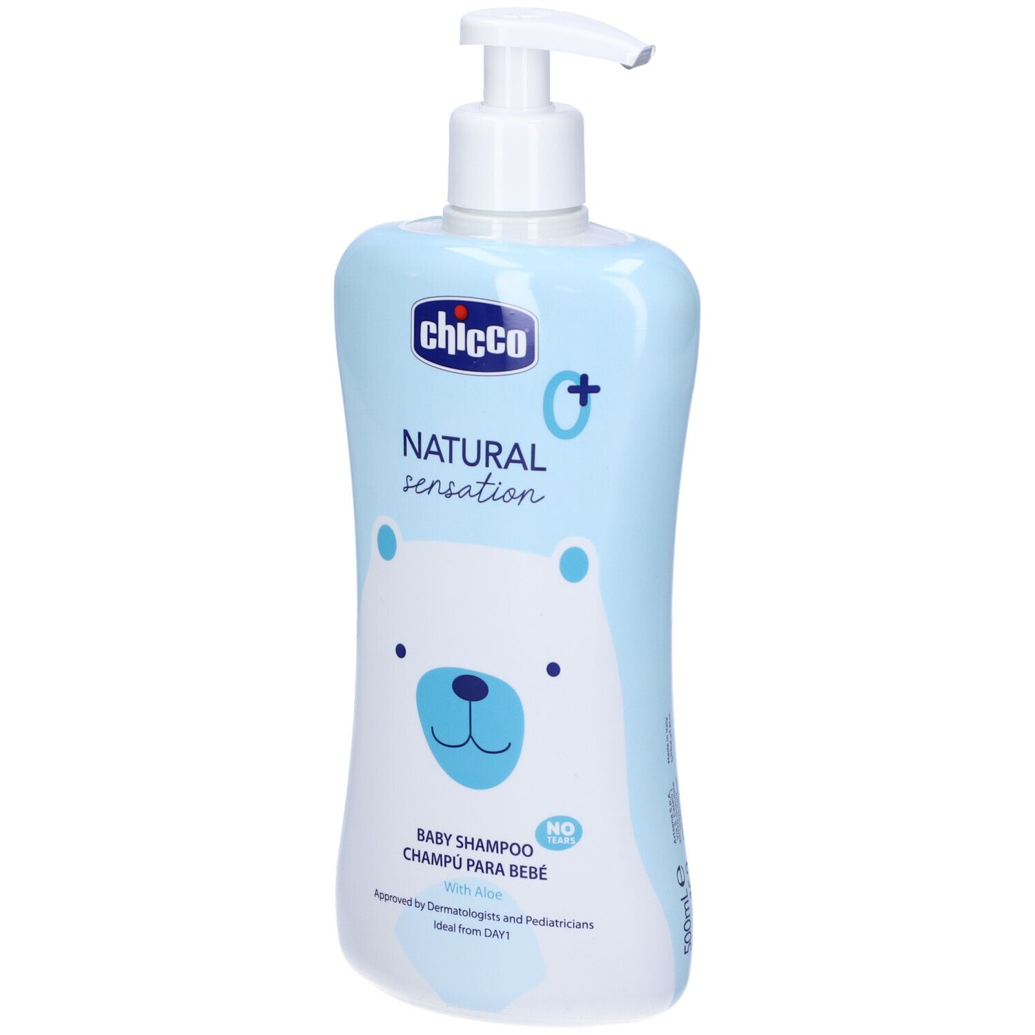 Hellblaue Flasche mit Pumpspender, Chicco Natural Sensation Baby Shampoo mit Eisbär-Motiv.