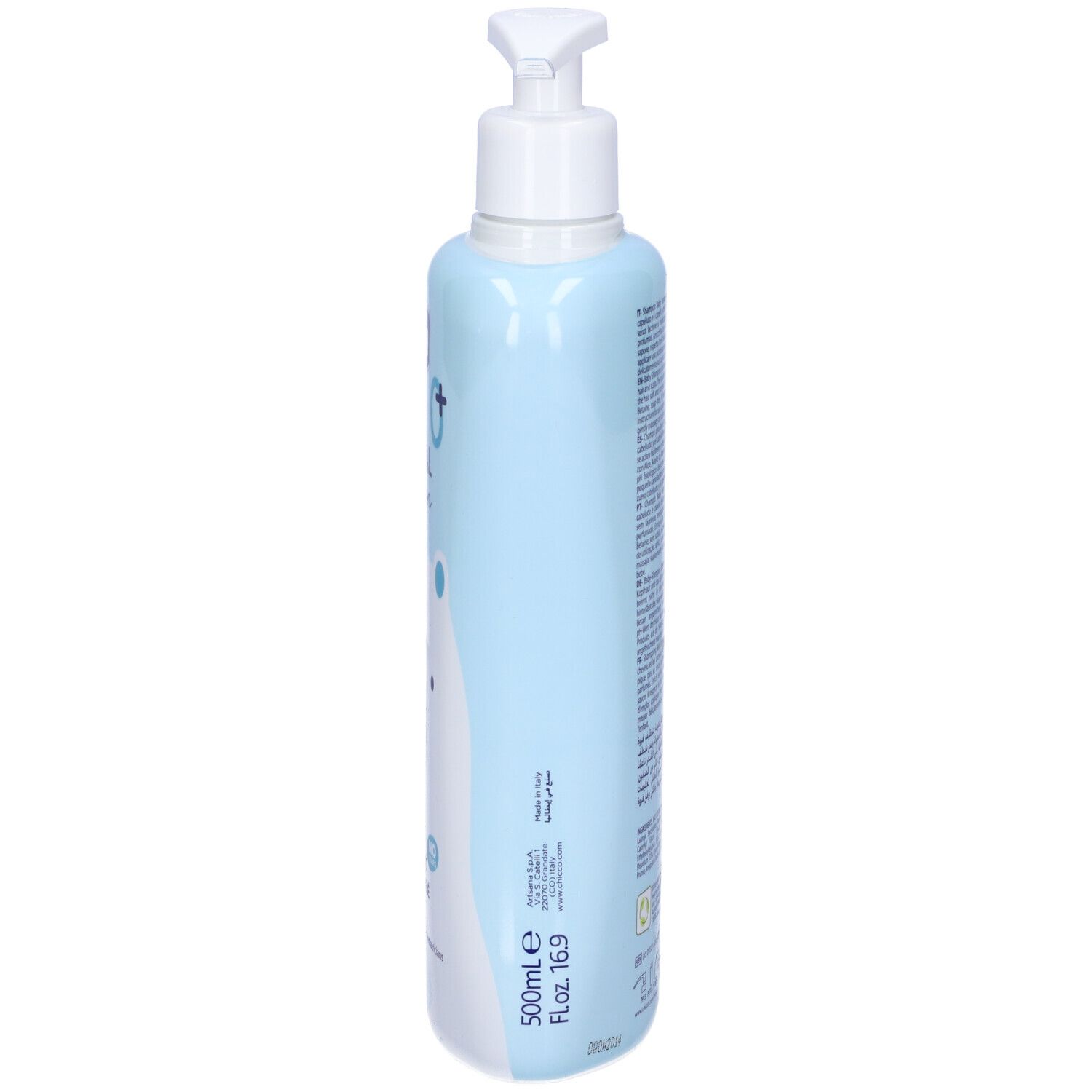 Hellblaue Flasche mit weißem Pumpspender, 500ml.