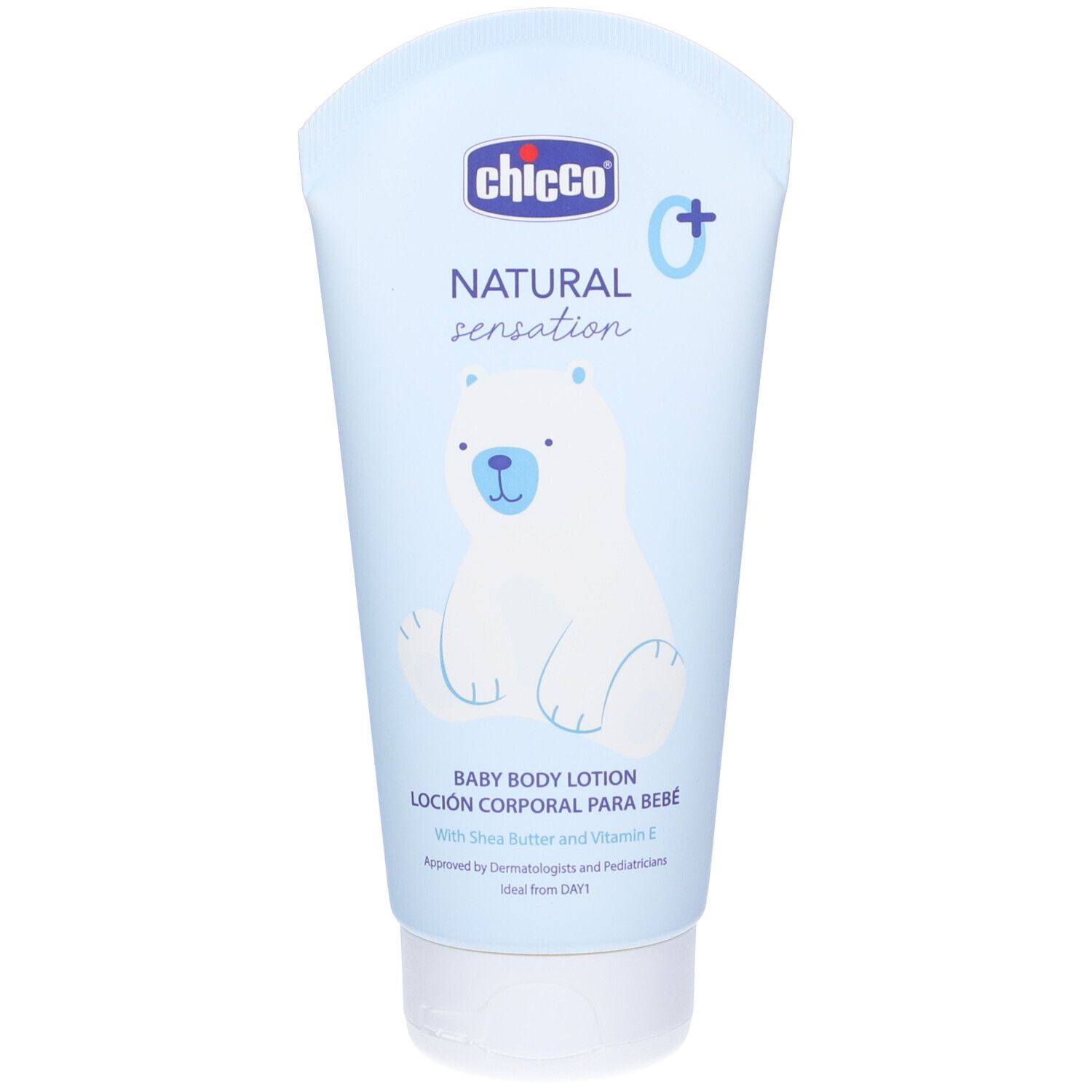 Tubo azzurro con logo "Chicco", "Natural Sensation" e orso. Baby Body Lotion. Tappo bianco.