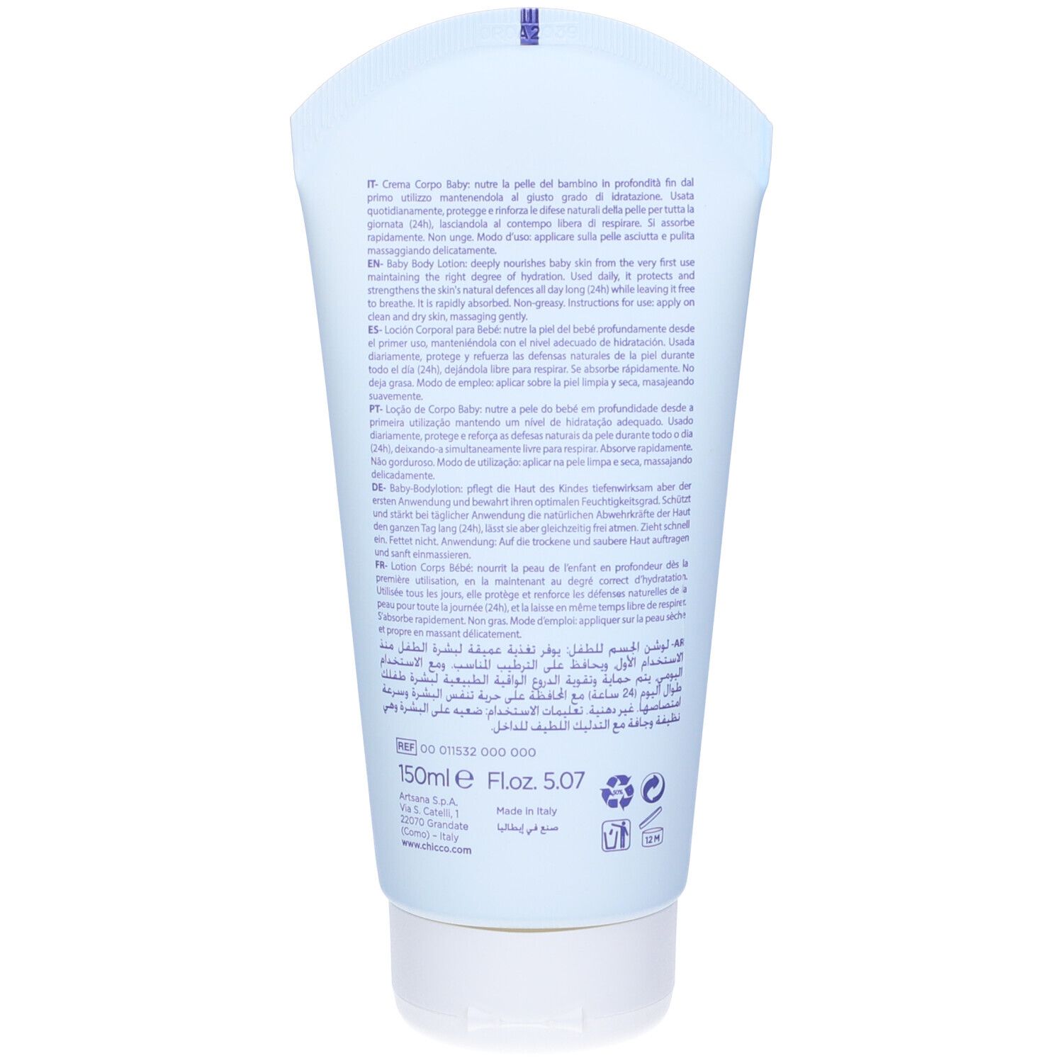 Retro del tubo azzurro. Testo multilingue. Informazioni sulla Baby Body Lotion e ingredienti.