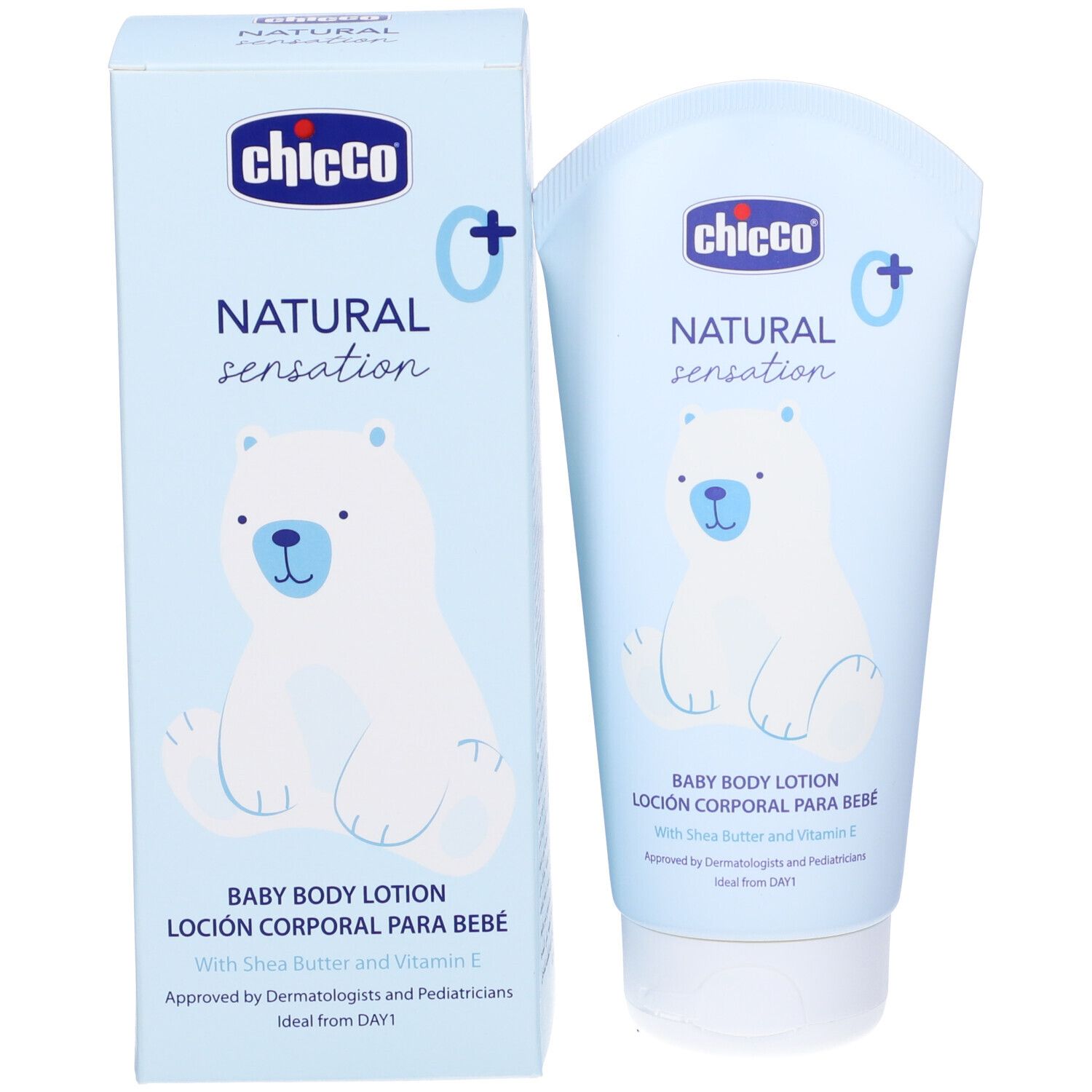 Confezione e tubo azzurri. Logo "Chicco", "Natural Sensation" e orso. Baby Body Lotion. Confezione.