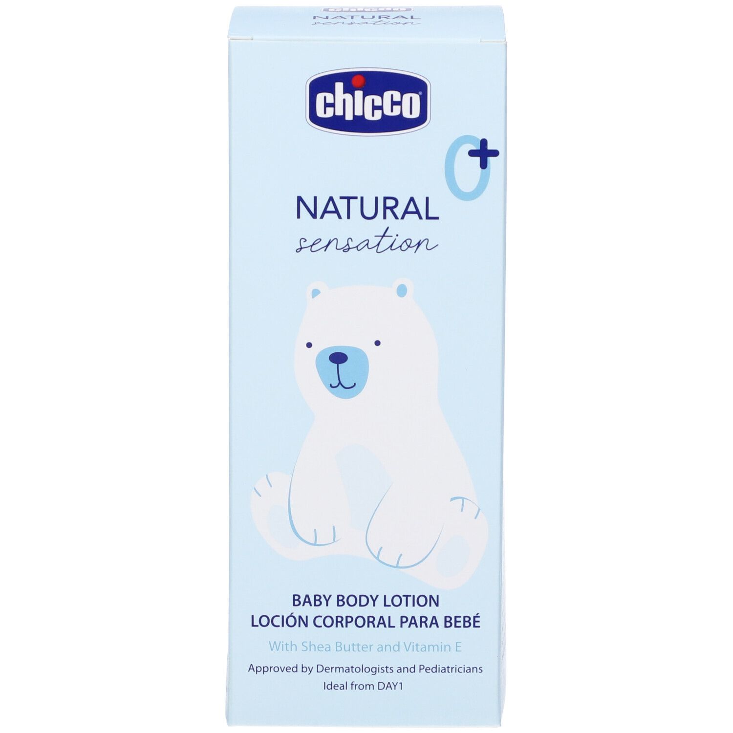 Confezione azzurra con logo "Chicco", "Natural Sensation" e orso. Baby Body Lotion. Testo.