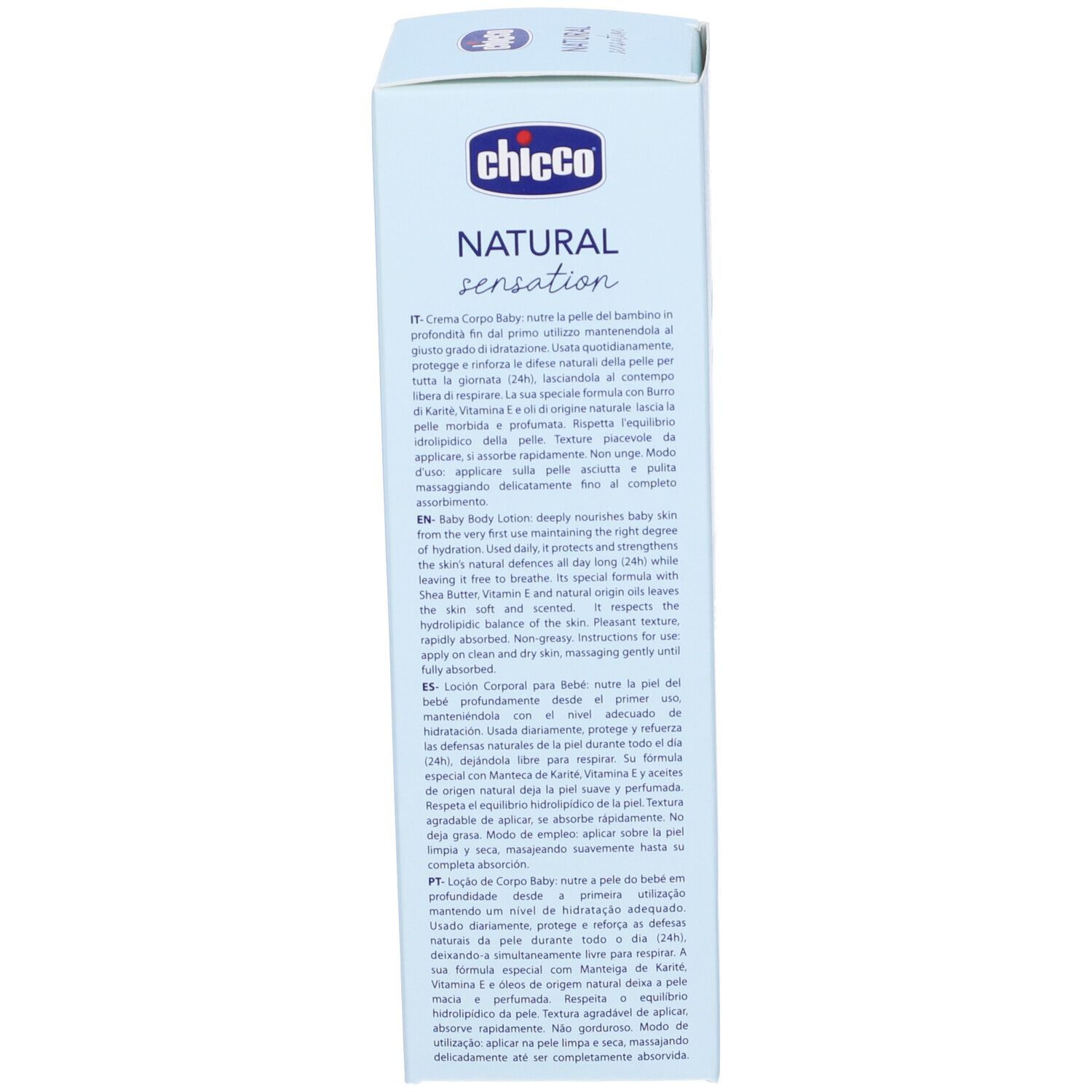 Retro della confezione azzurra. Testo multilingue. Informazioni sulla Baby Body Lotion.