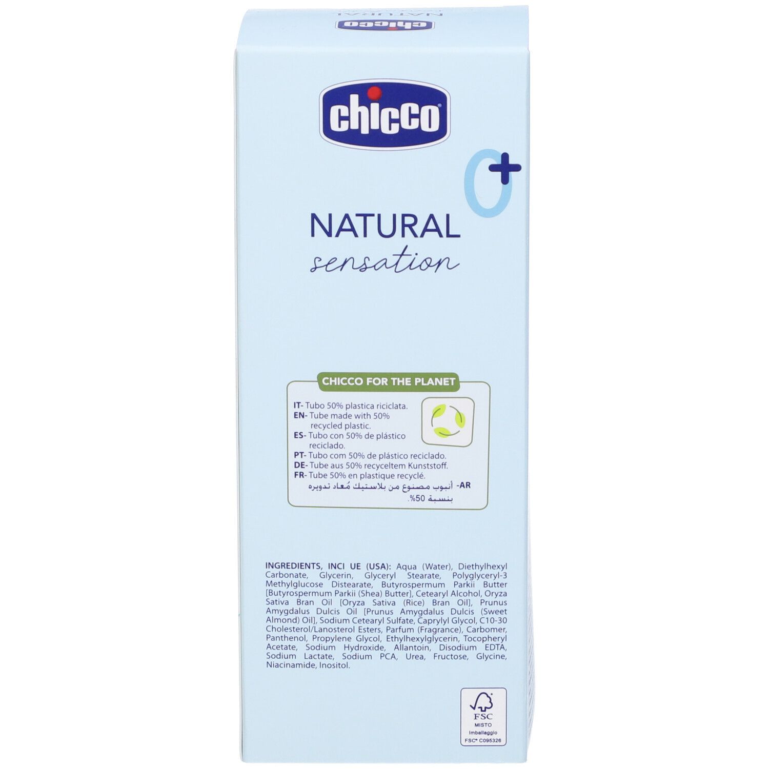 Retro della confezione azzurra. Testo multilingue. Informazioni sugli ingredienti e il riciclo.