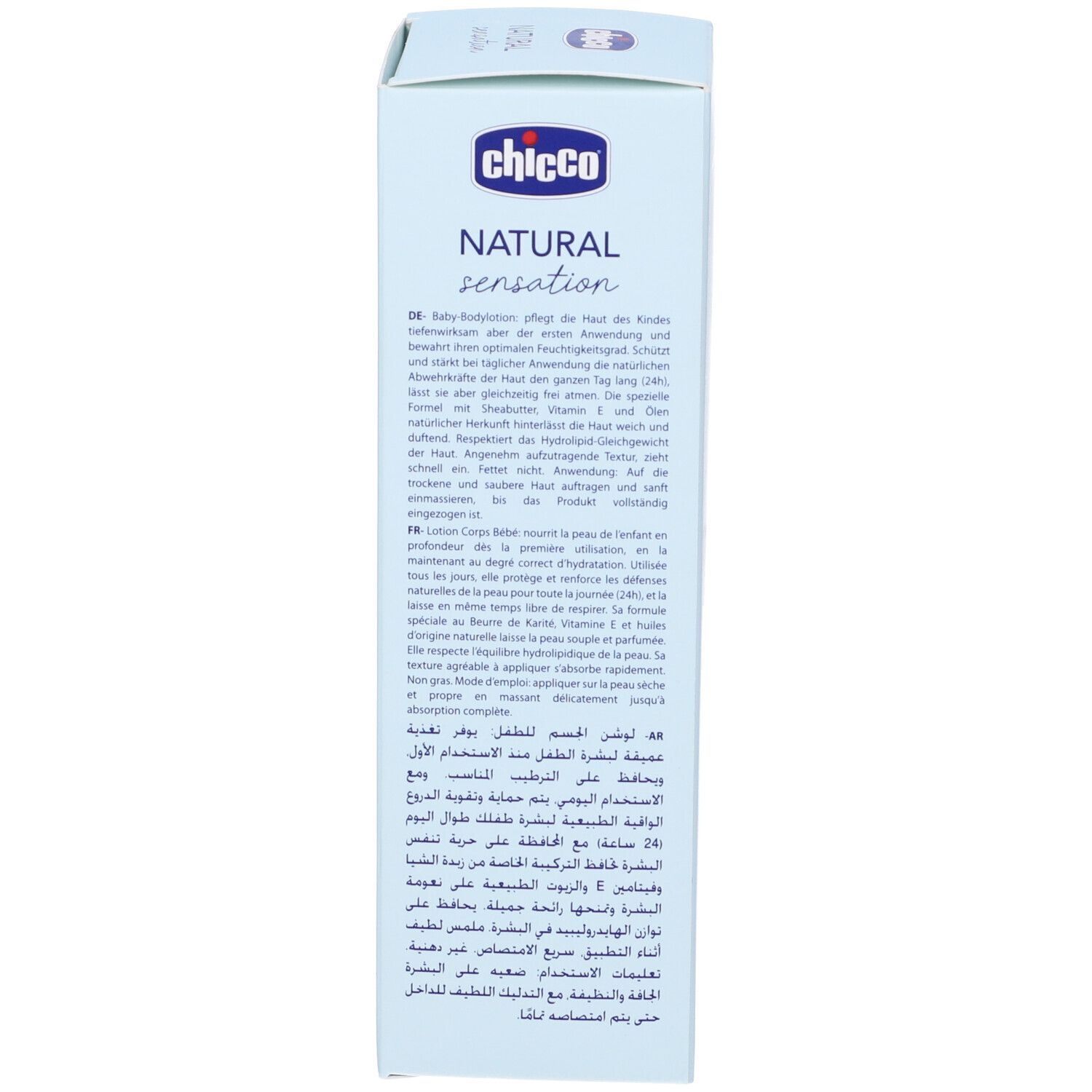 Retro della confezione azzurra. Testo multilingue. Informazioni sulla Baby Body Lotion.