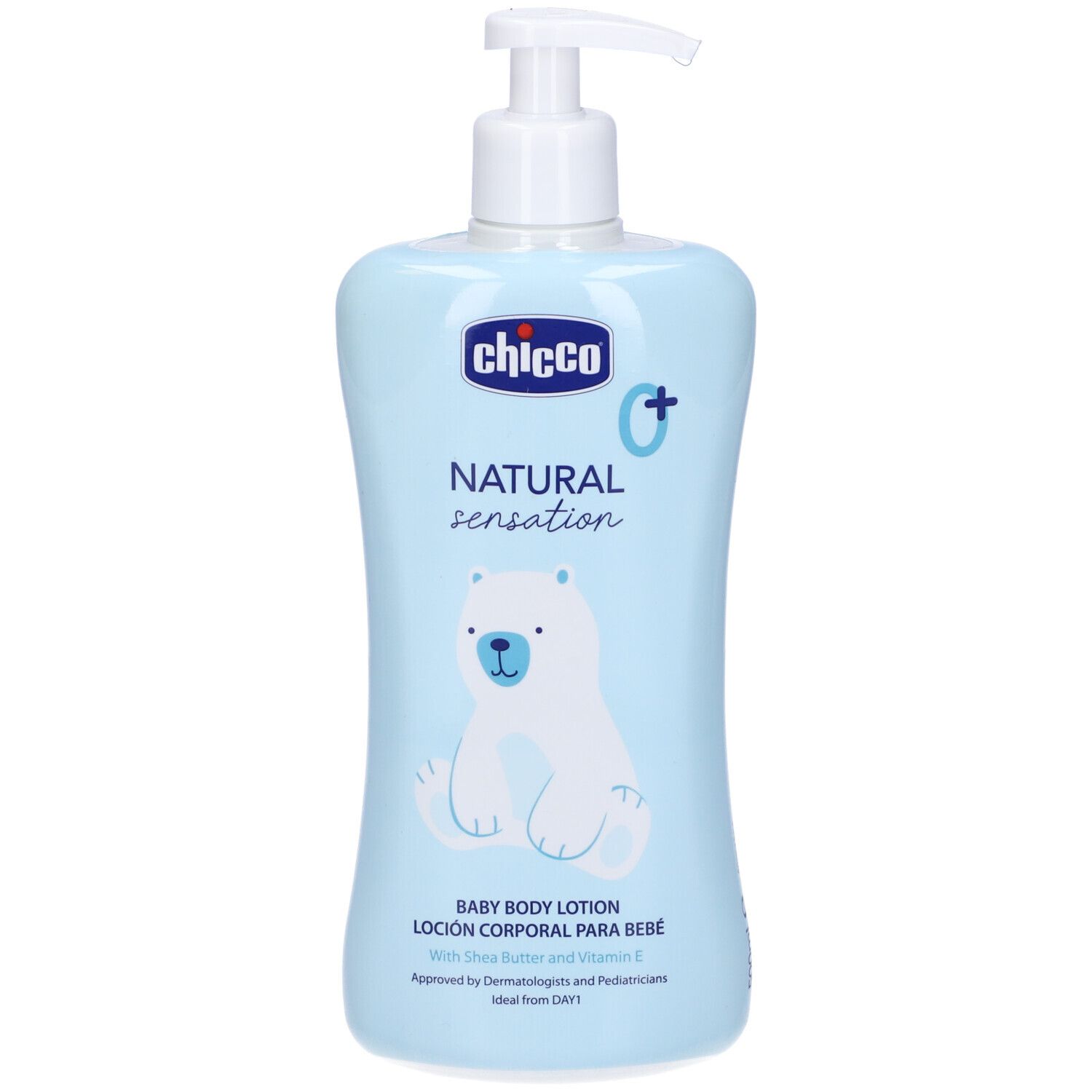 Flacone azzurro con dosatore. Scritta: Chicco Natural Sensation Baby Body Lotion. Immagine di un orso polare.