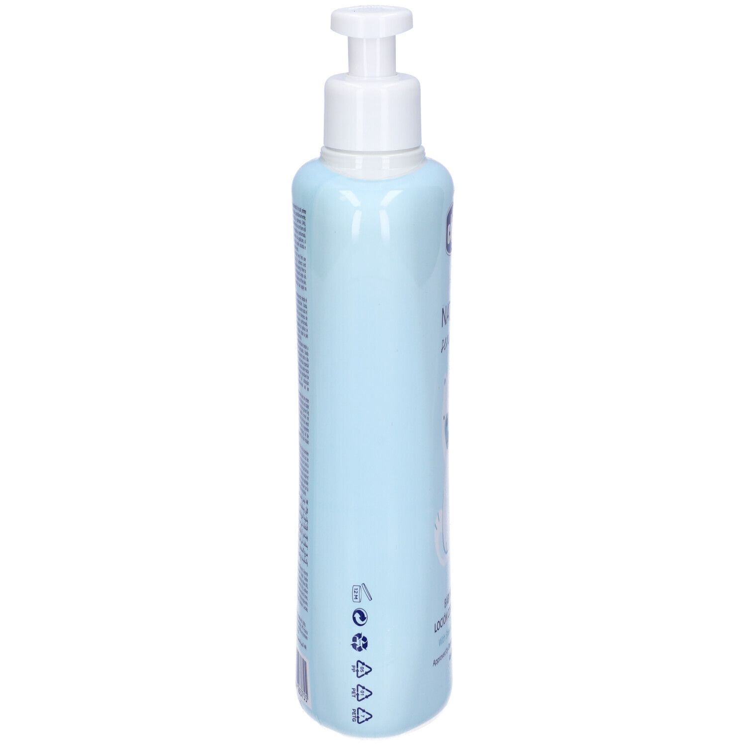 Flacone azzurro con dosatore. Sul lato, simboli di riciclo e ingredienti.