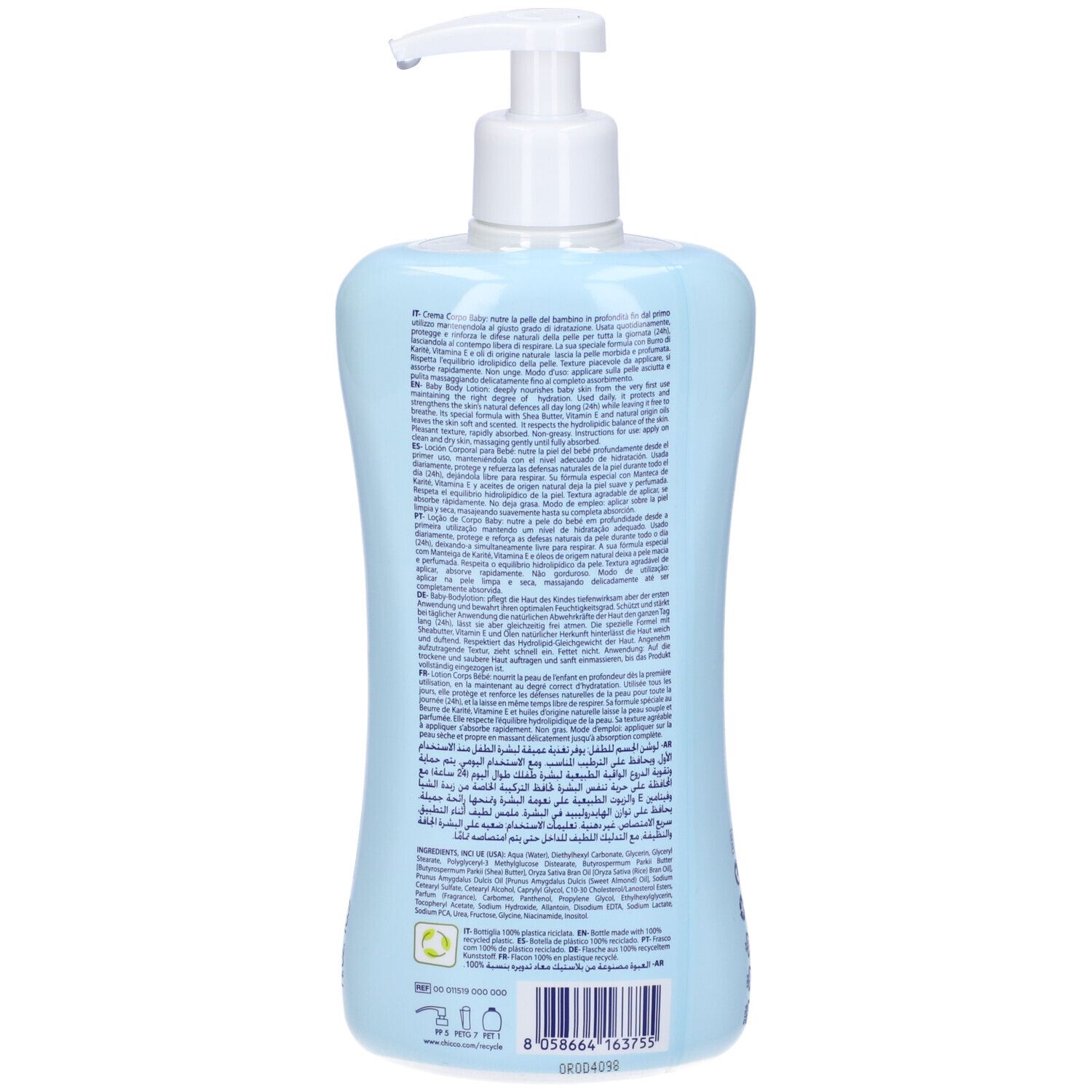 Retro del flacone azzurro. Testo multilingue. Elenco ingredienti e informazioni.