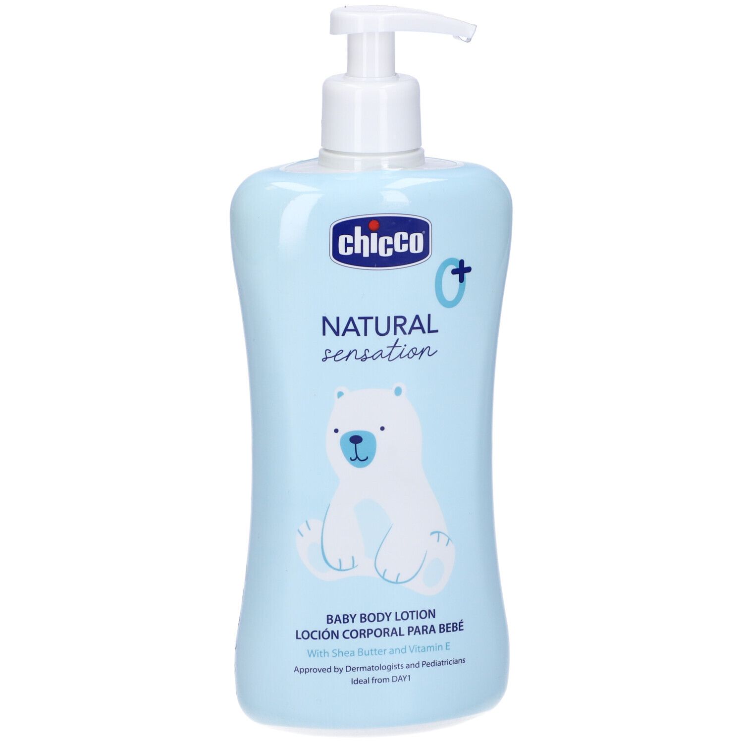 Flacone azzurro con dosatore. Scritta: Chicco Natural Sensation Baby Body Lotion. Immagine di un orso polare.