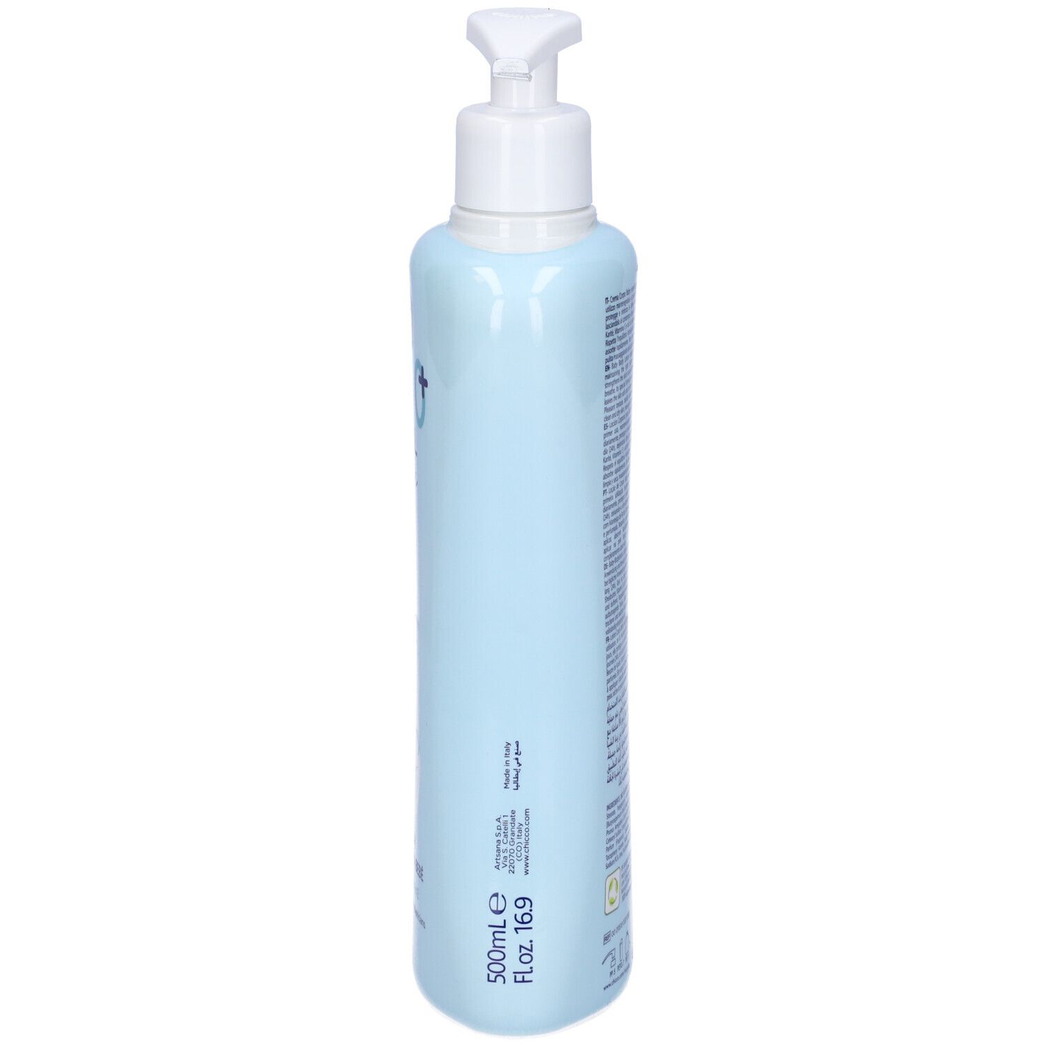 Flacone azzurro con dosatore. Sul lato: 500ml, 16.9 fl oz. Testo.