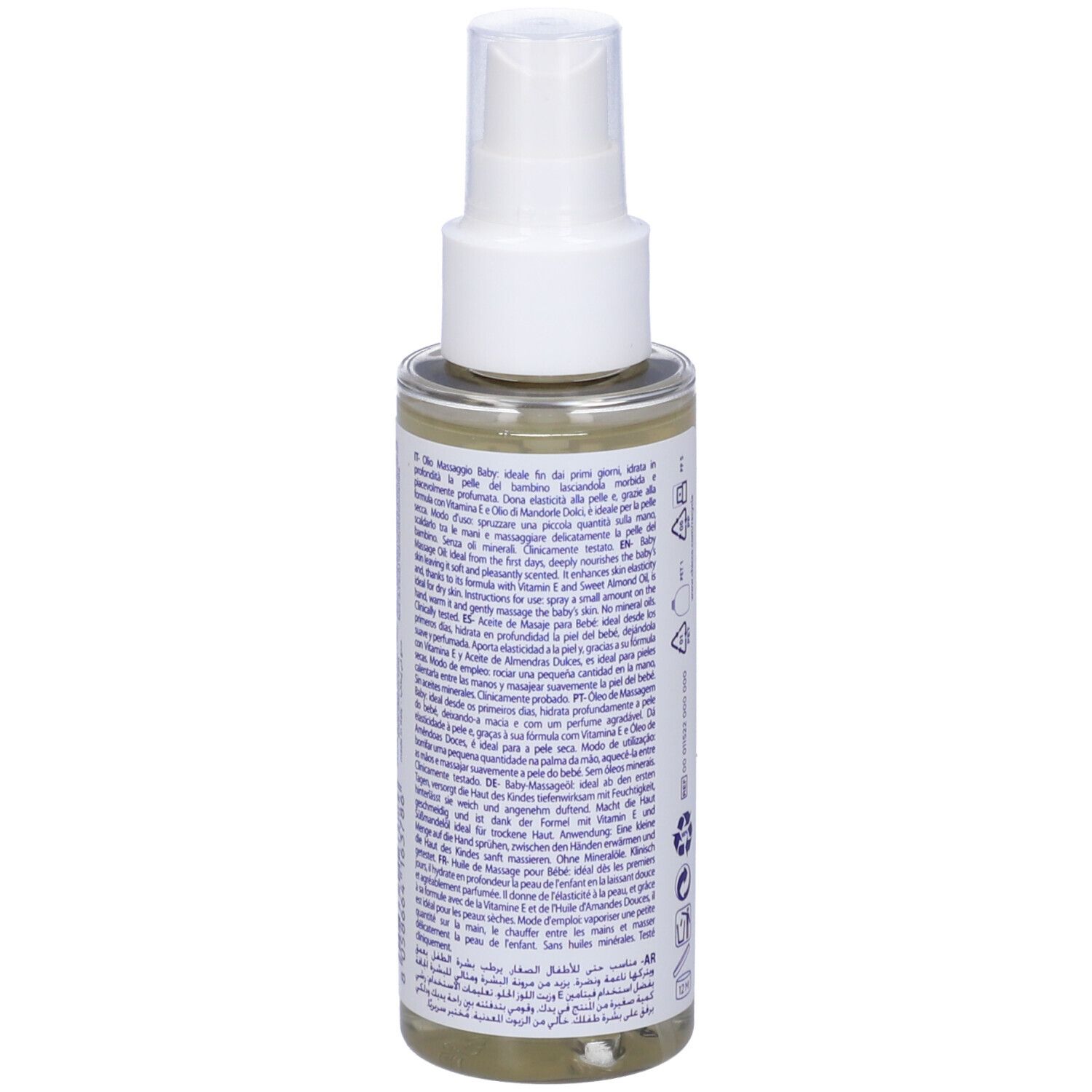 Flasche mit Pumpspender, gefüllt mit hellem Öl. Etikett mit Text und Symbolen.