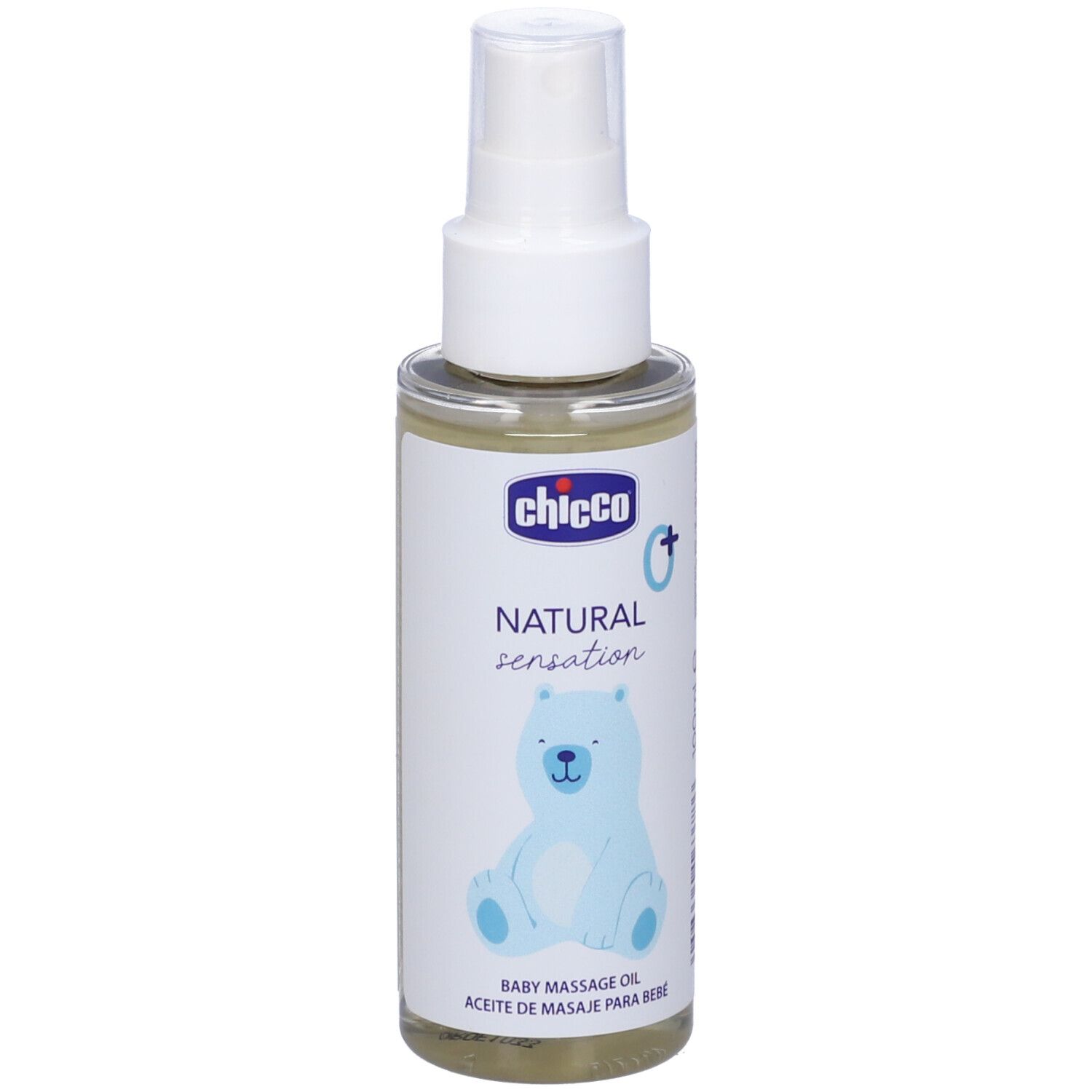 Chicco Baby Massageöl in einer transparenten Sprühflasche mit blauem Bärenmotiv.