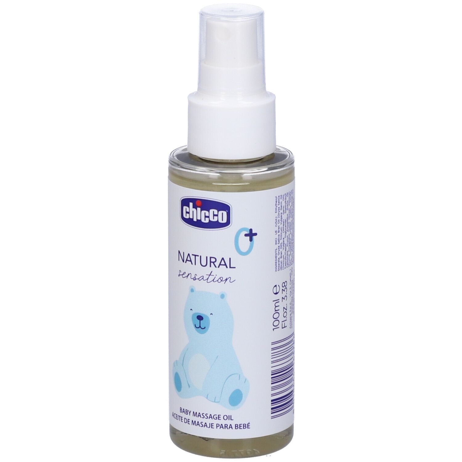 Chicco Baby Massageöl in 100ml Sprühflasche mit Bärenmotiv.