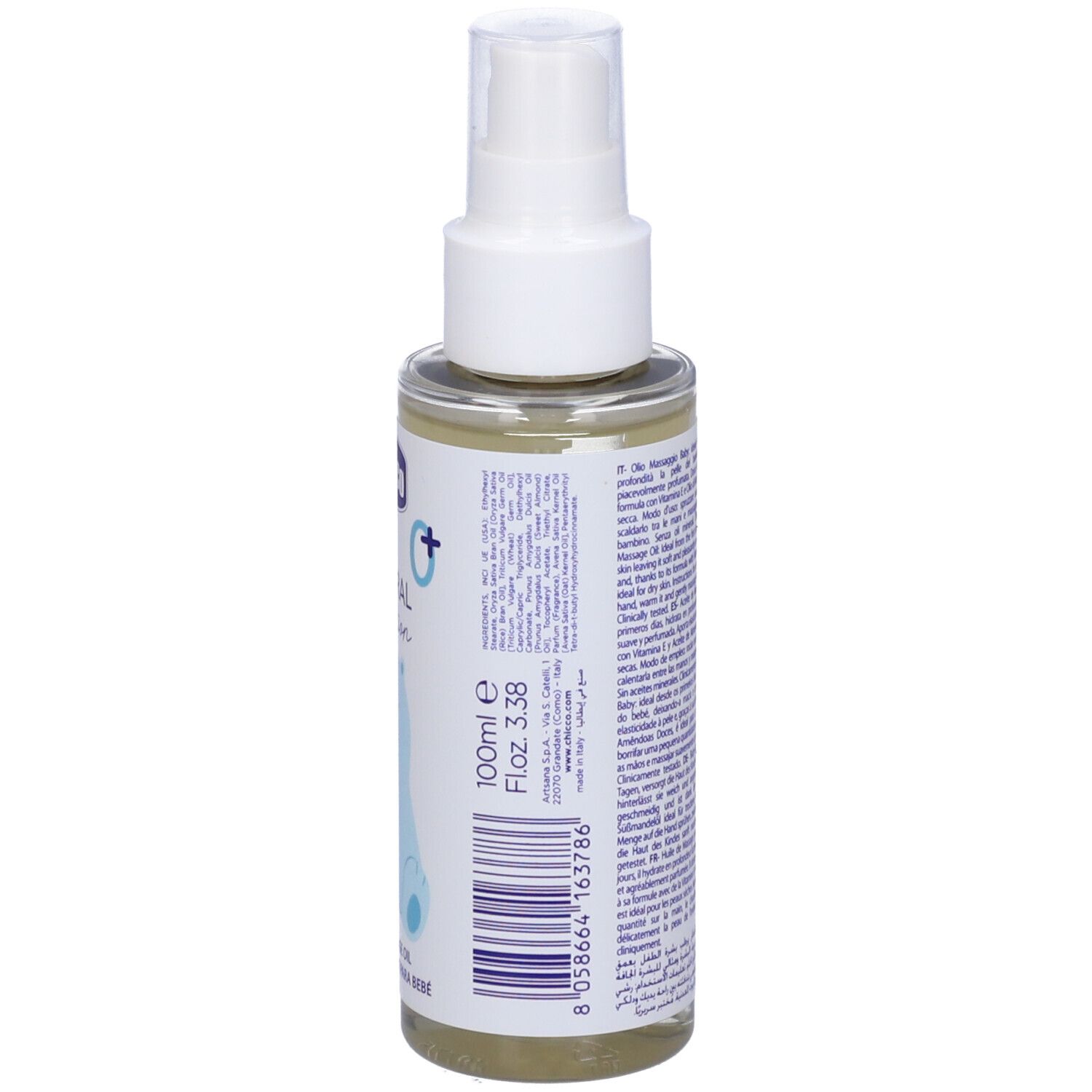 Flasche mit Pumpspender, 100ml Inhalt, mit Etikett und Barcode.