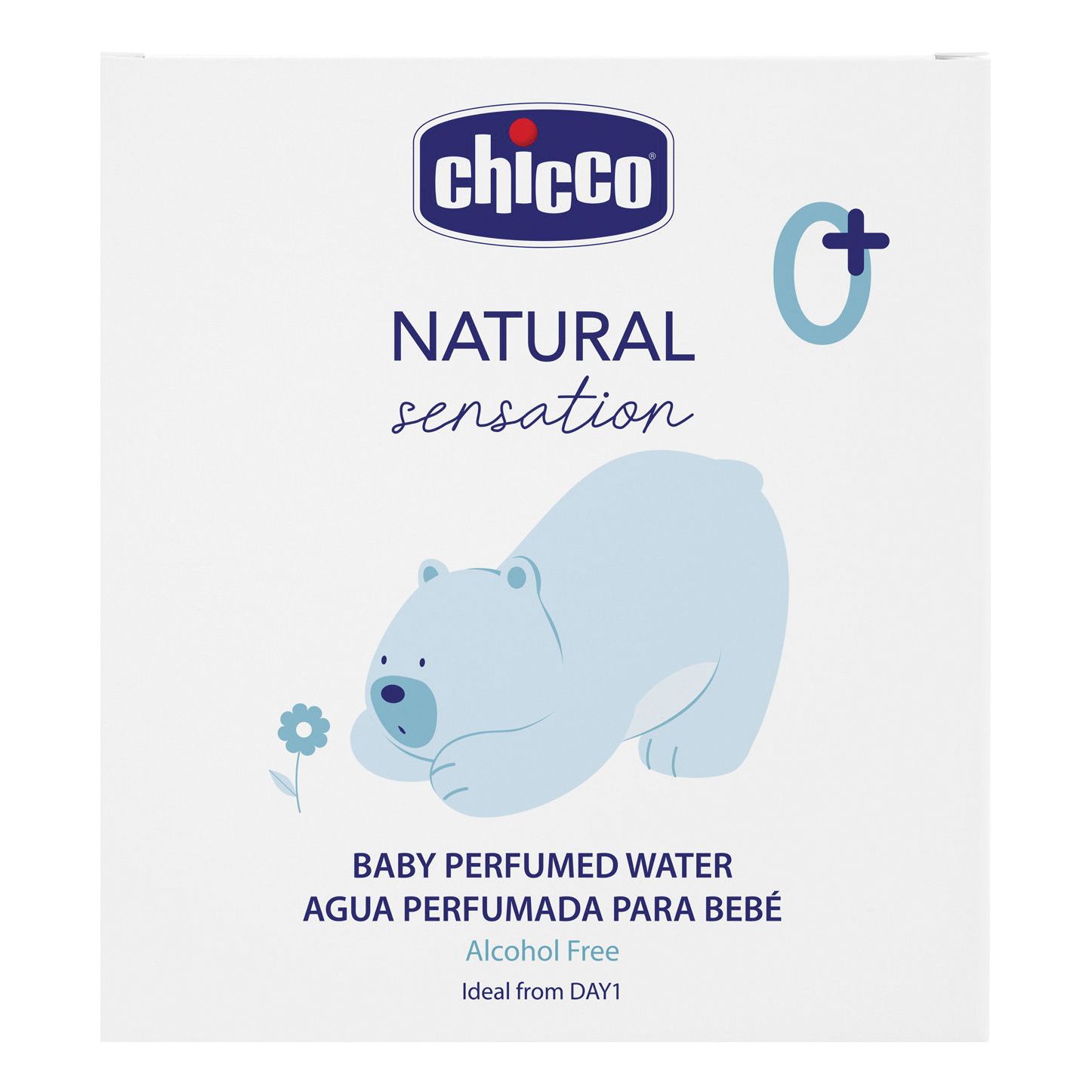 Confezione bianca con logo e nome del prodotto. Illustrazione di un orso polare. Testo: Baby Perfumed Water.