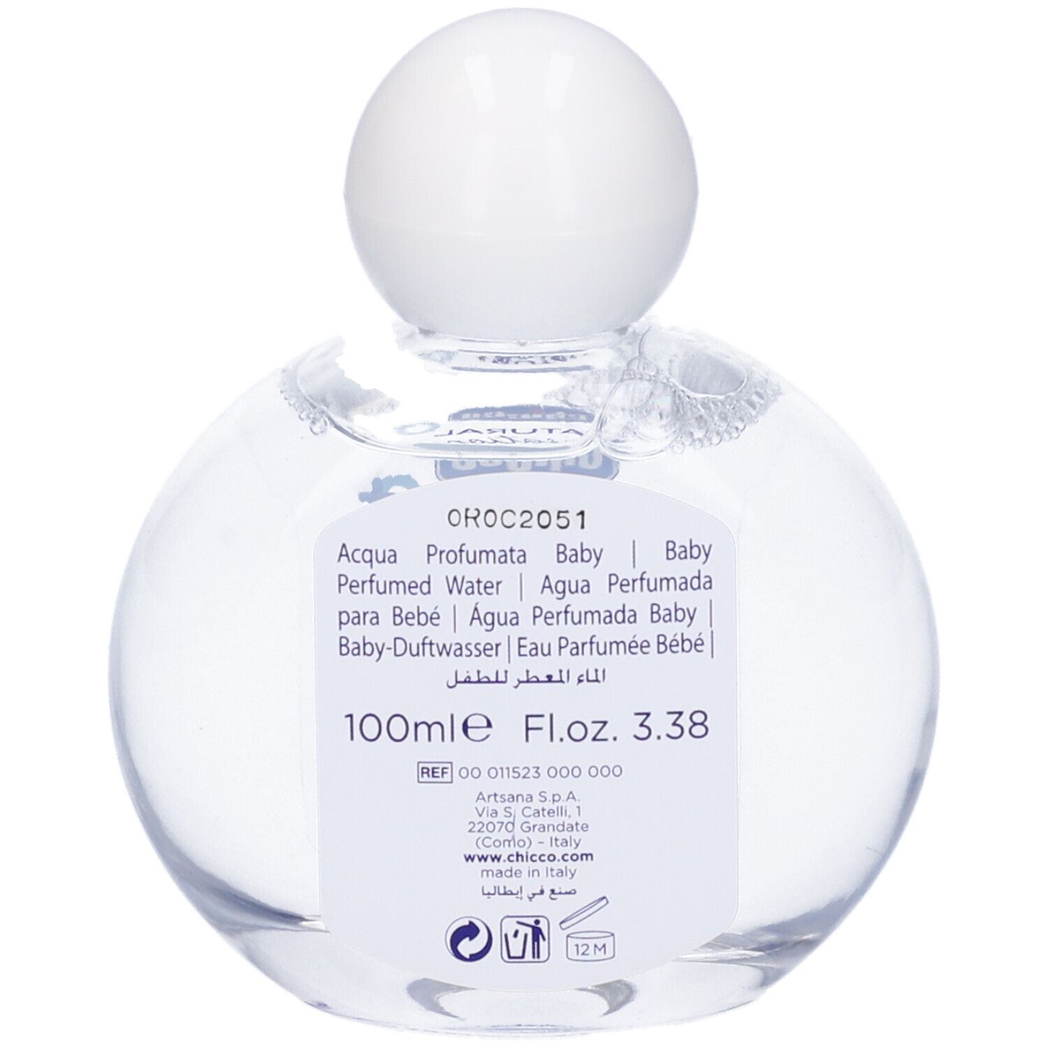 Retro del flacone in vetro. Informazioni sul prodotto, ingredienti e indirizzo del produttore. Volume: 100 ml.