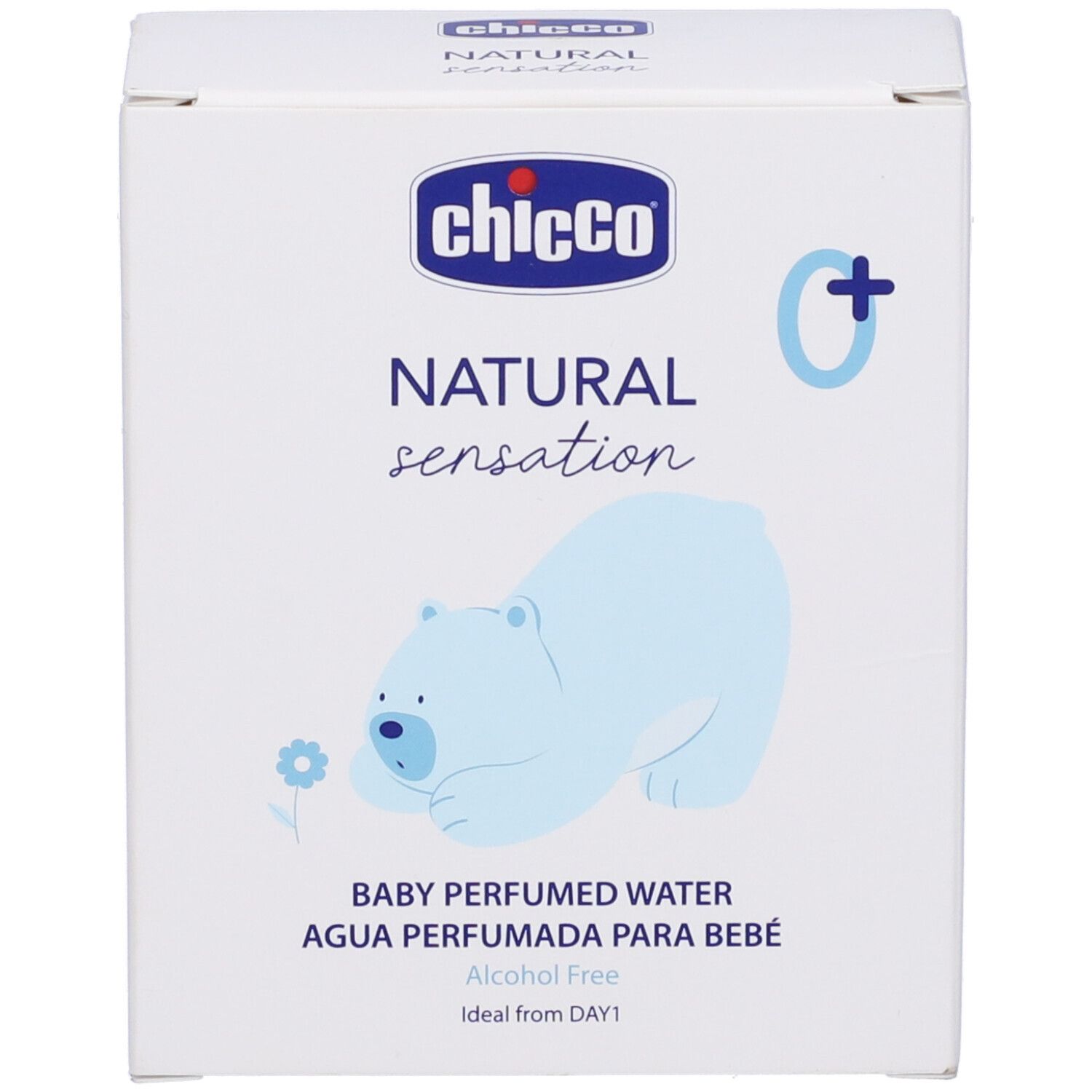 Confezione bianca con logo e nome del prodotto. Illustrazione di un orso polare. Testo: Baby Perfumed Water.