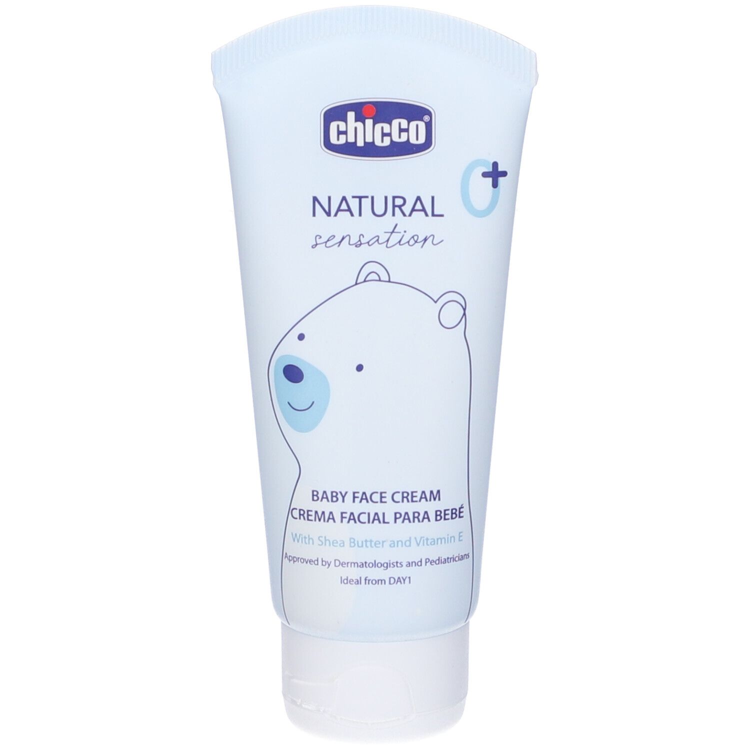 Tubo azzurro chiaro con stampa del prodotto. Scritta: Chicco, Natural Sensation, Baby Face Cream. Illustrazione di un orso. Tappo bianco.
