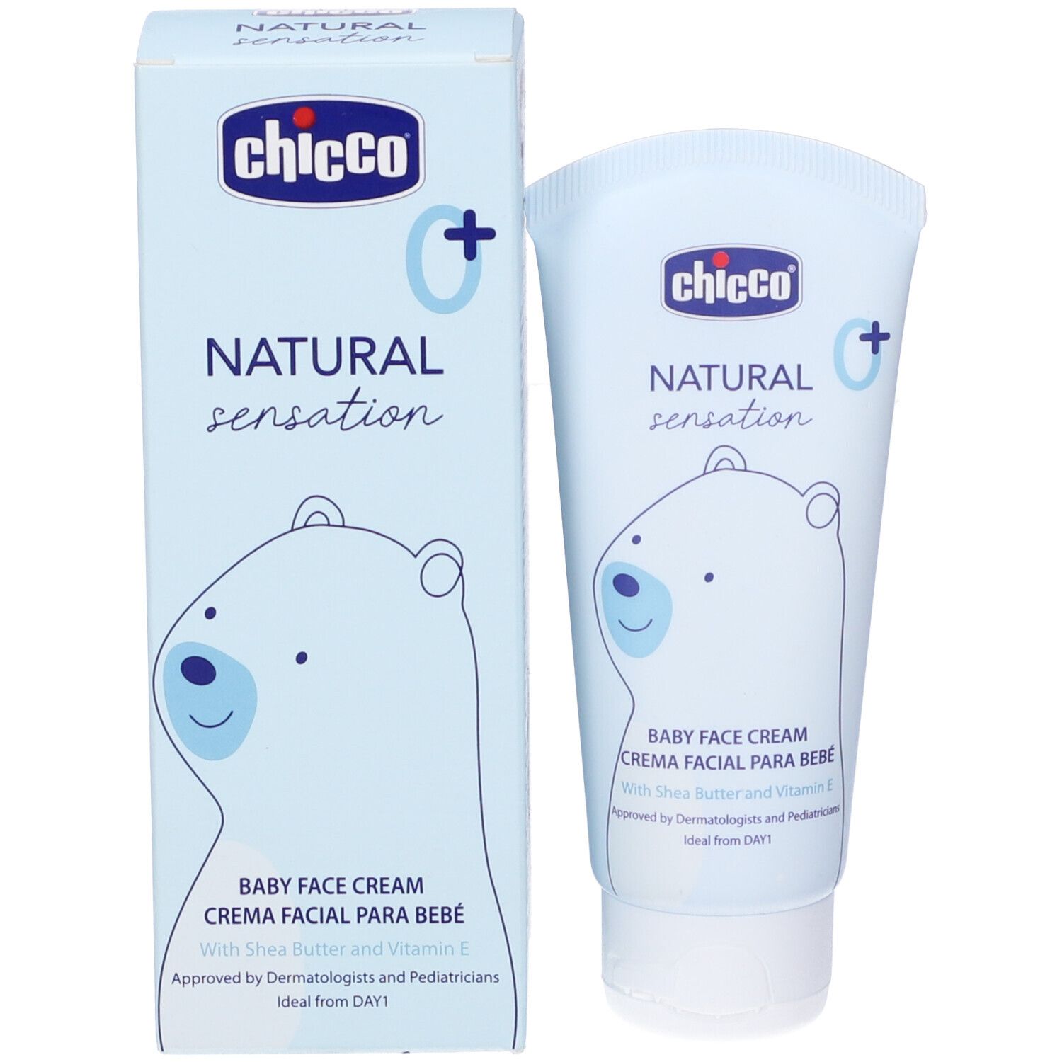 Tubo e scatola azzurri chiari. Scritta: Chicco, Natural Sensation, Baby Face Cream. Illustrazione di un orso. Tappo bianco.