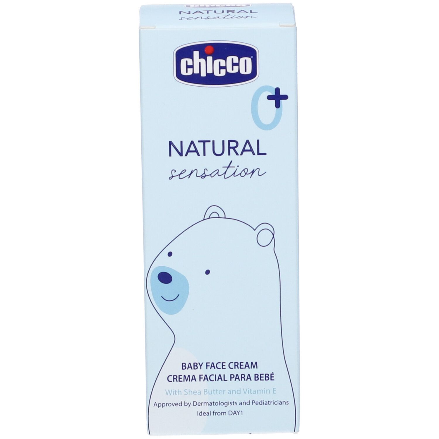 Scatola azzurra chiara. Scritta: Chicco, Natural Sensation, Baby Face Cream. Illustrazione di un orso. Denominazione del prodotto.