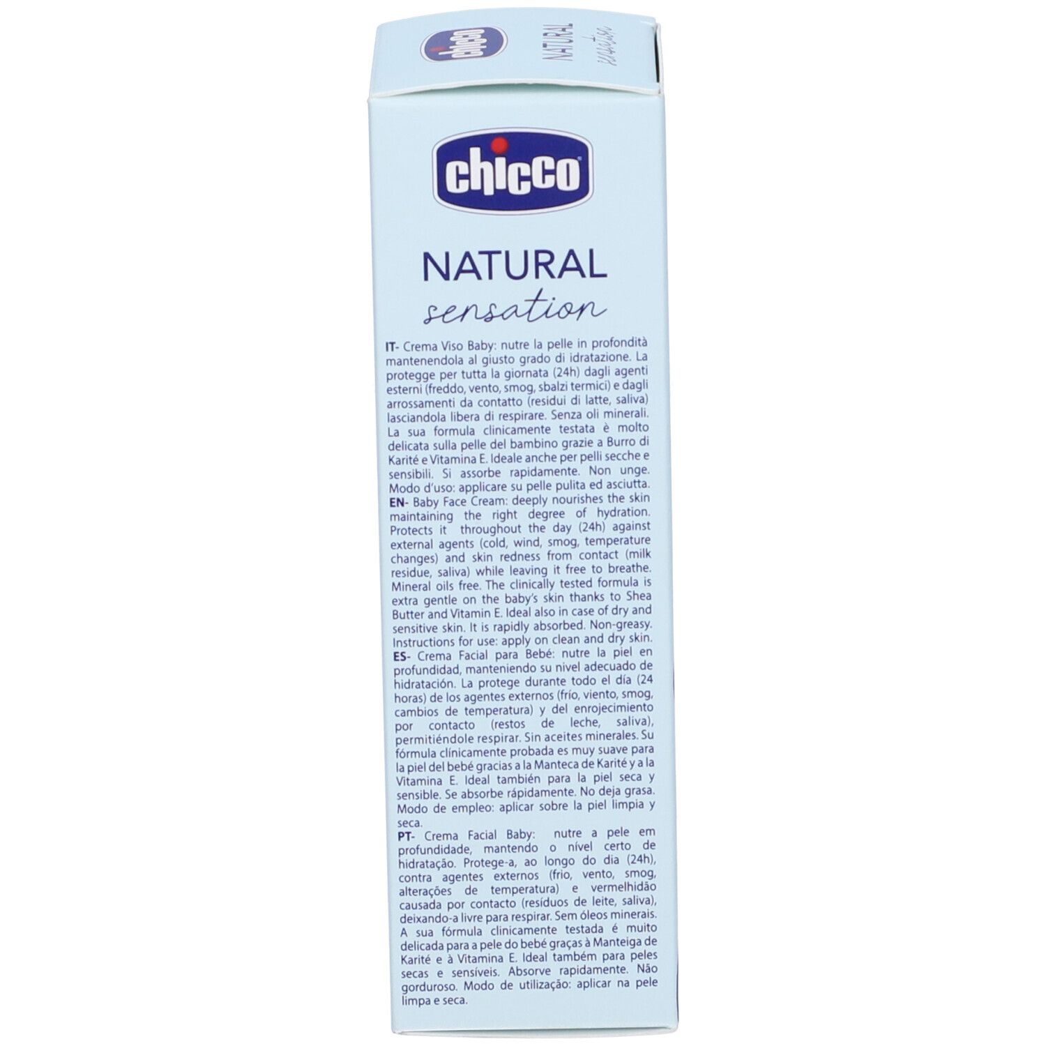 Retro della scatola azzurra chiara. Testo in più lingue. Informazioni sugli ingredienti e sul produttore.