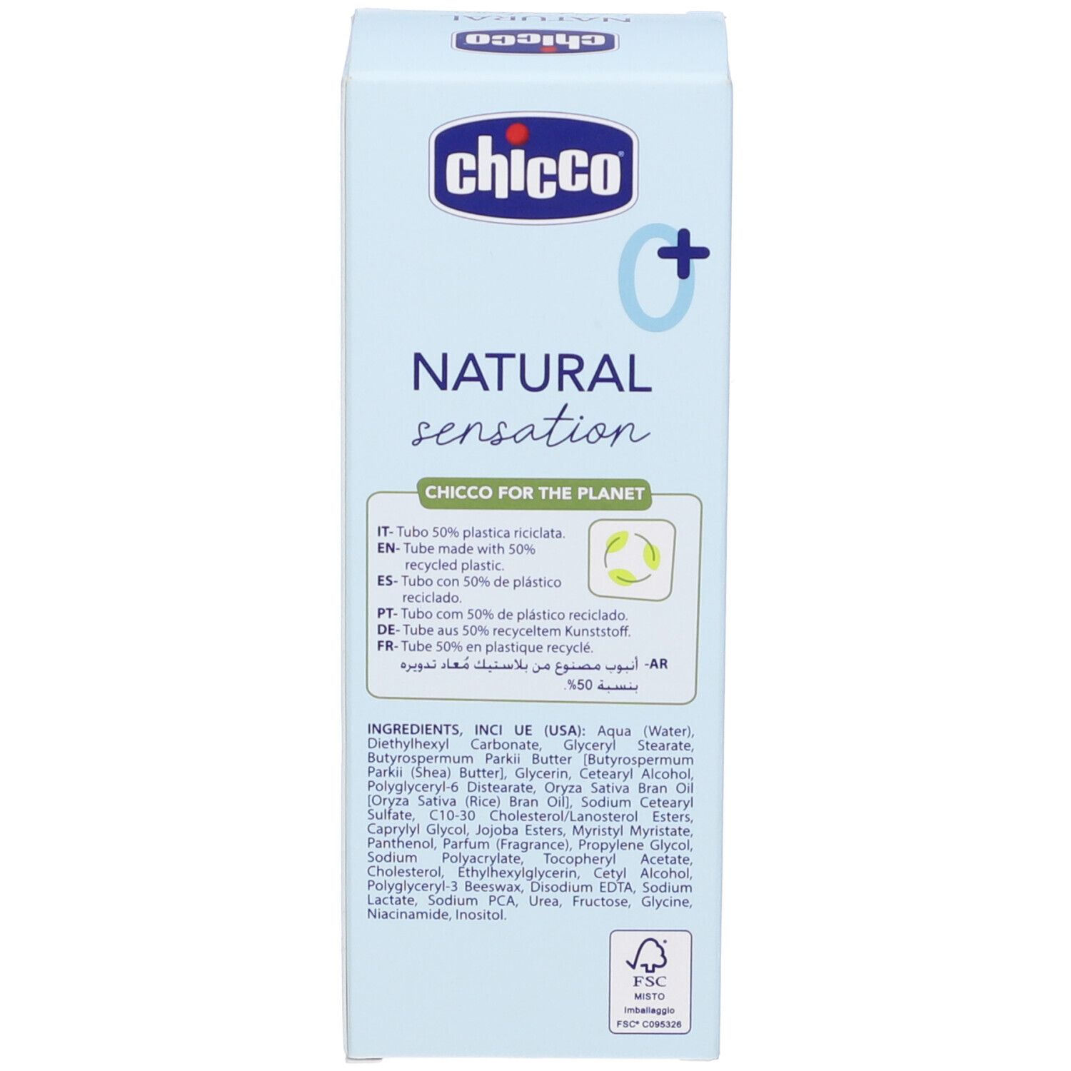 Retro della scatola azzurra chiara. Testo in più lingue. Informazioni sugli ingredienti e sul produttore. Simboli di riciclaggio.