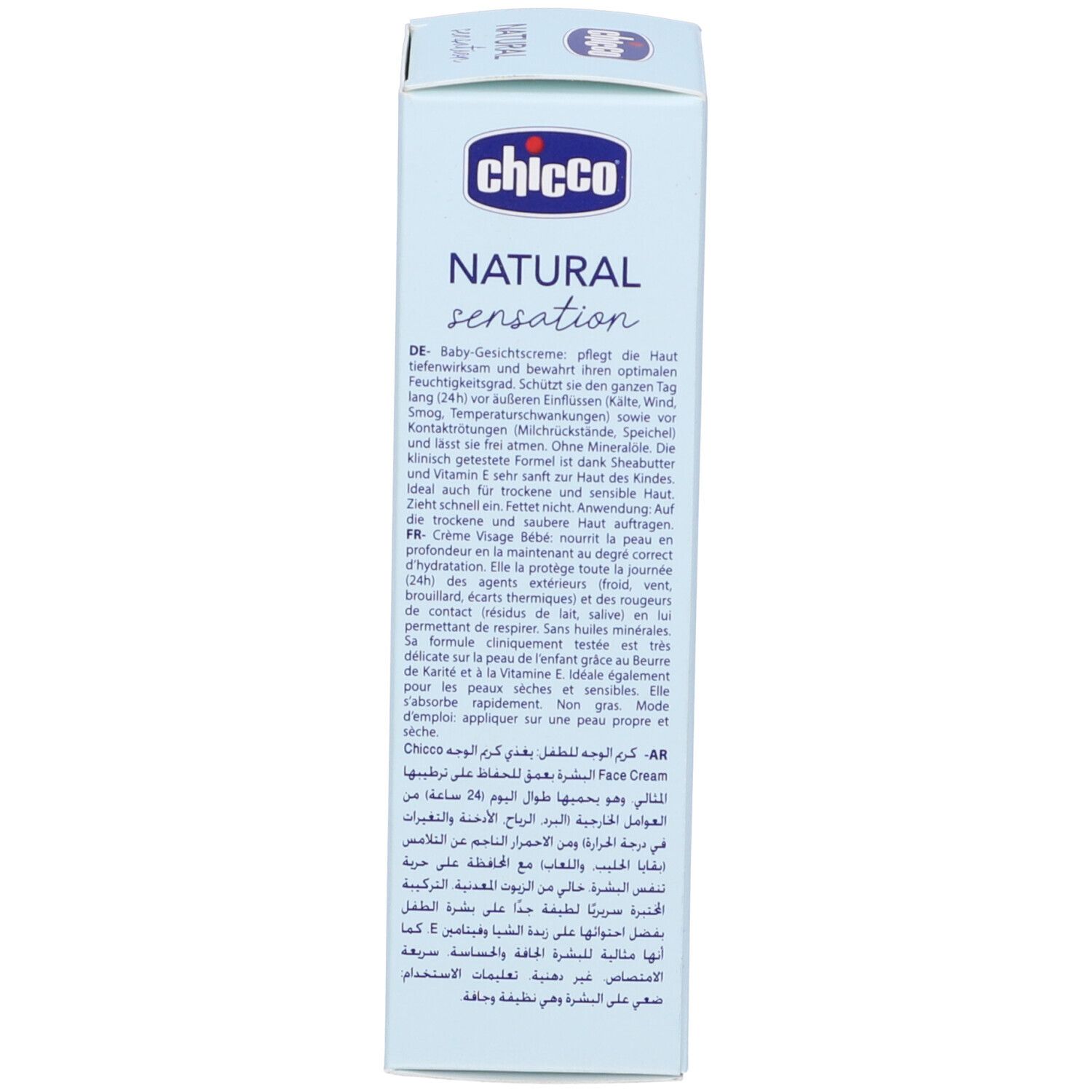 Retro della scatola azzurra chiara. Testo in più lingue. Informazioni sull'uso e sugli ingredienti.