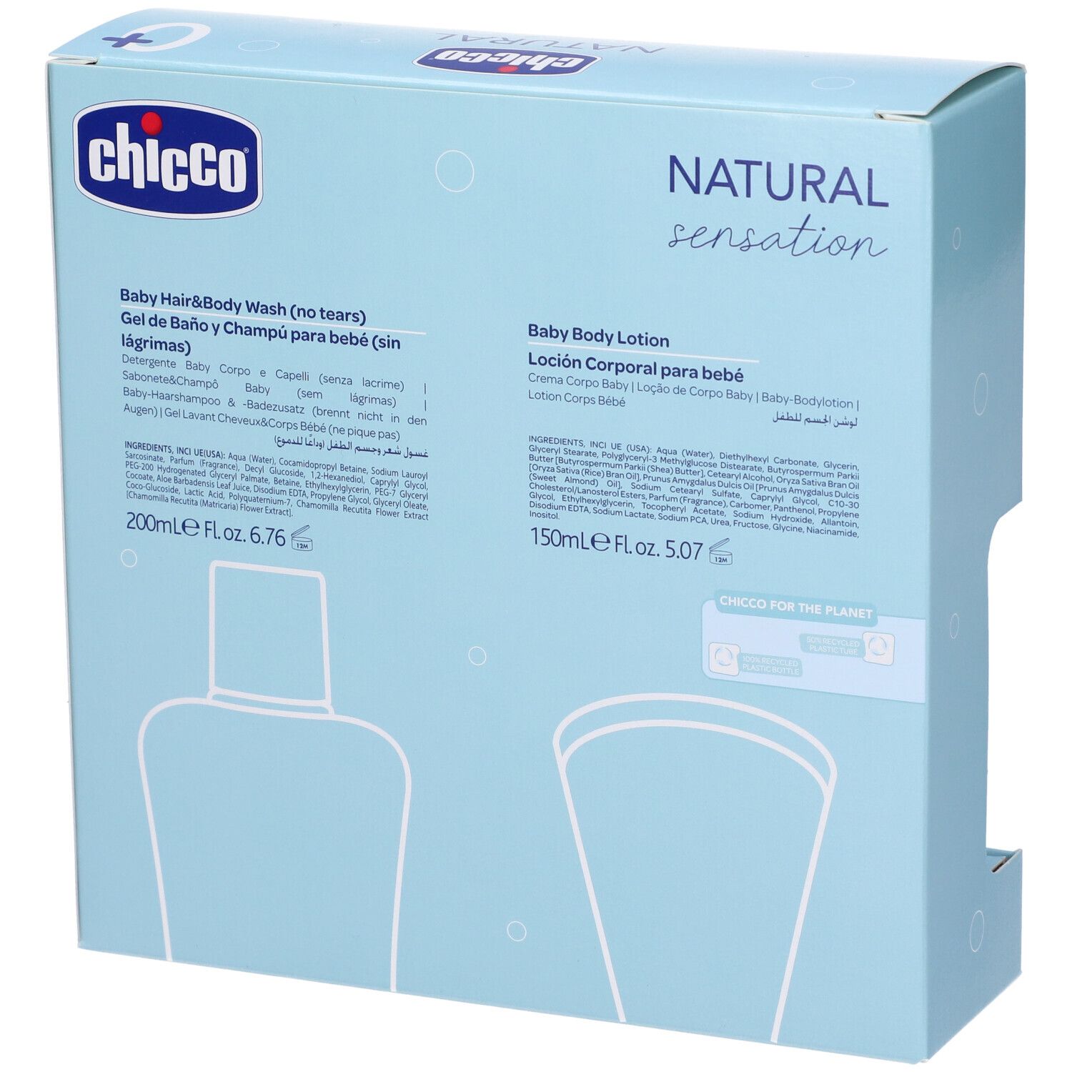 Retro della confezione regalo azzurra. Informazioni testuali sui prodotti, tra cui Baby Hair&Body Wash e Baby Body Lotion.