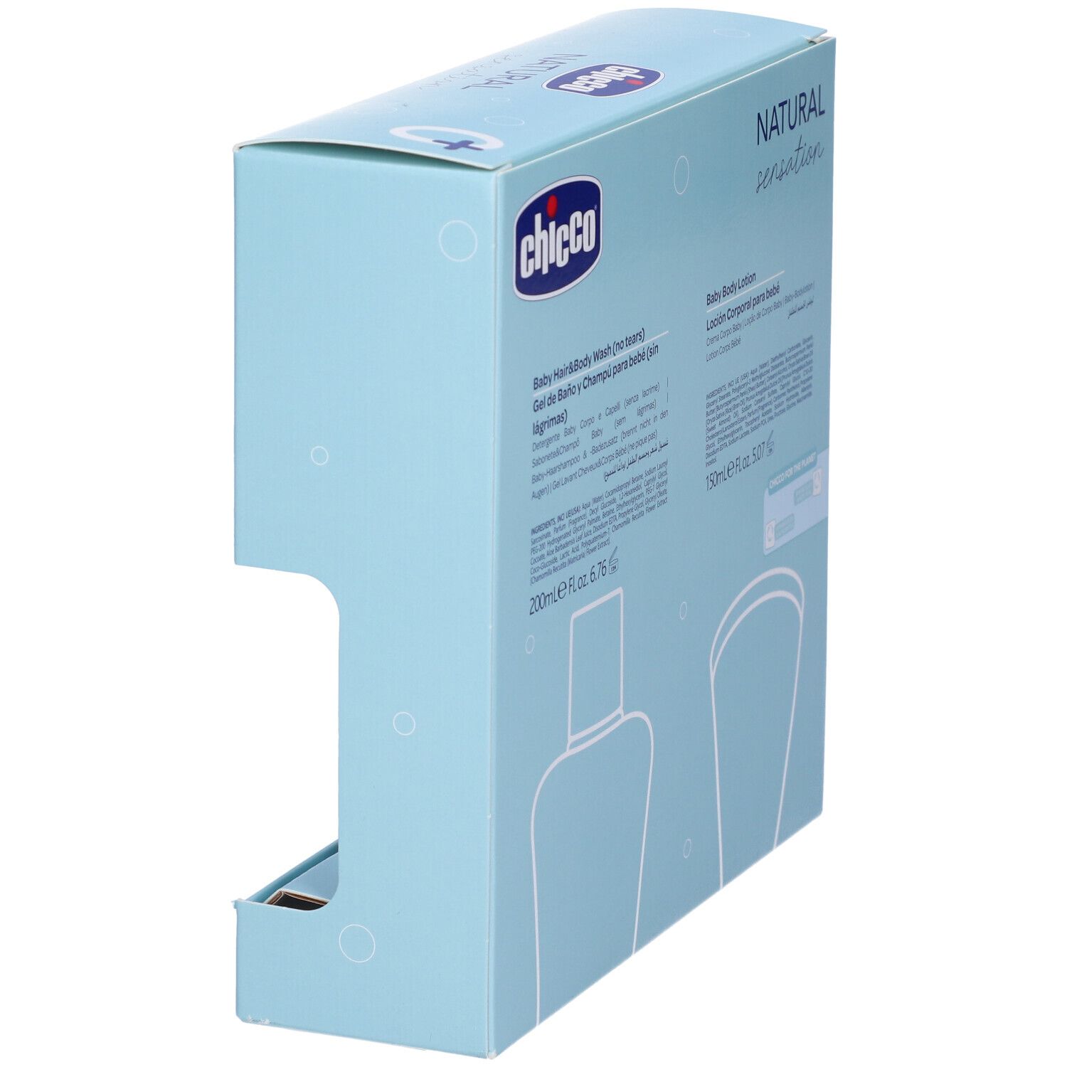 Vista laterale della confezione regalo azzurra. Informazioni testuali sui prodotti, tra cui Baby Hair&Body Wash e Baby Body Lotion.
