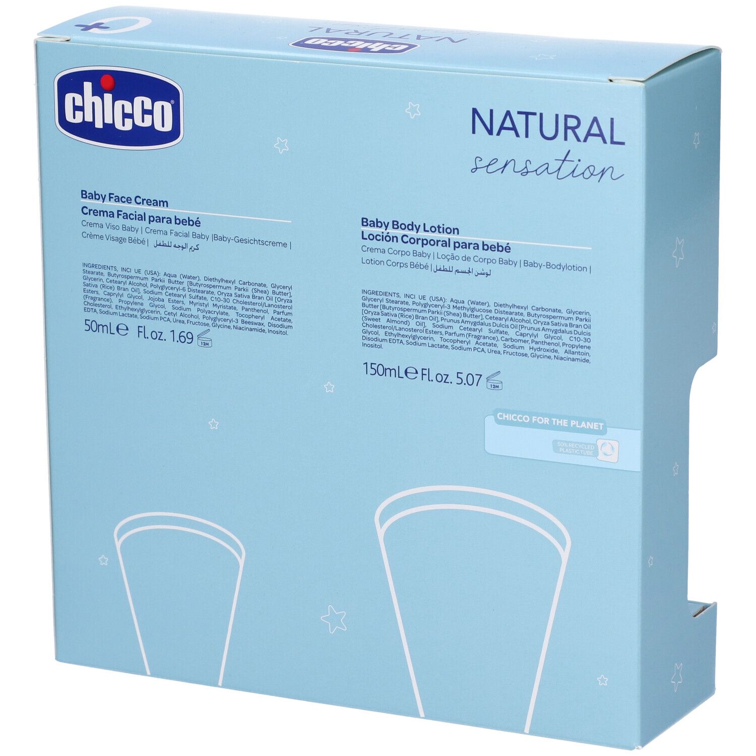 Retro della confezione del set cosmetico per bambini. Azzurro con informazioni sul prodotto e due illustrazioni. Scritta: Natural Sensation.