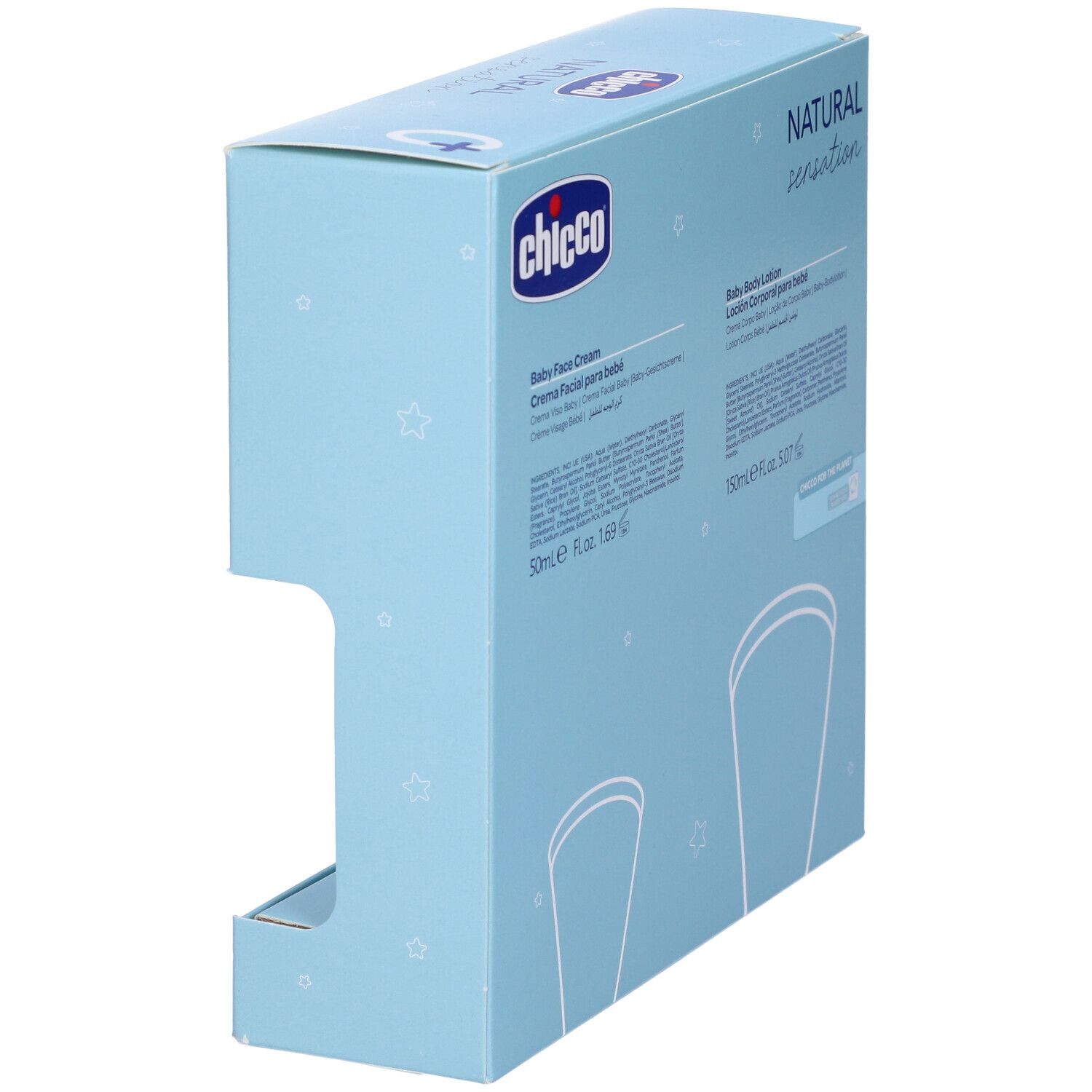 Lato della confezione del set cosmetico per bambini. Azzurro con informazioni sul prodotto. Scritta: Natural Sensation.