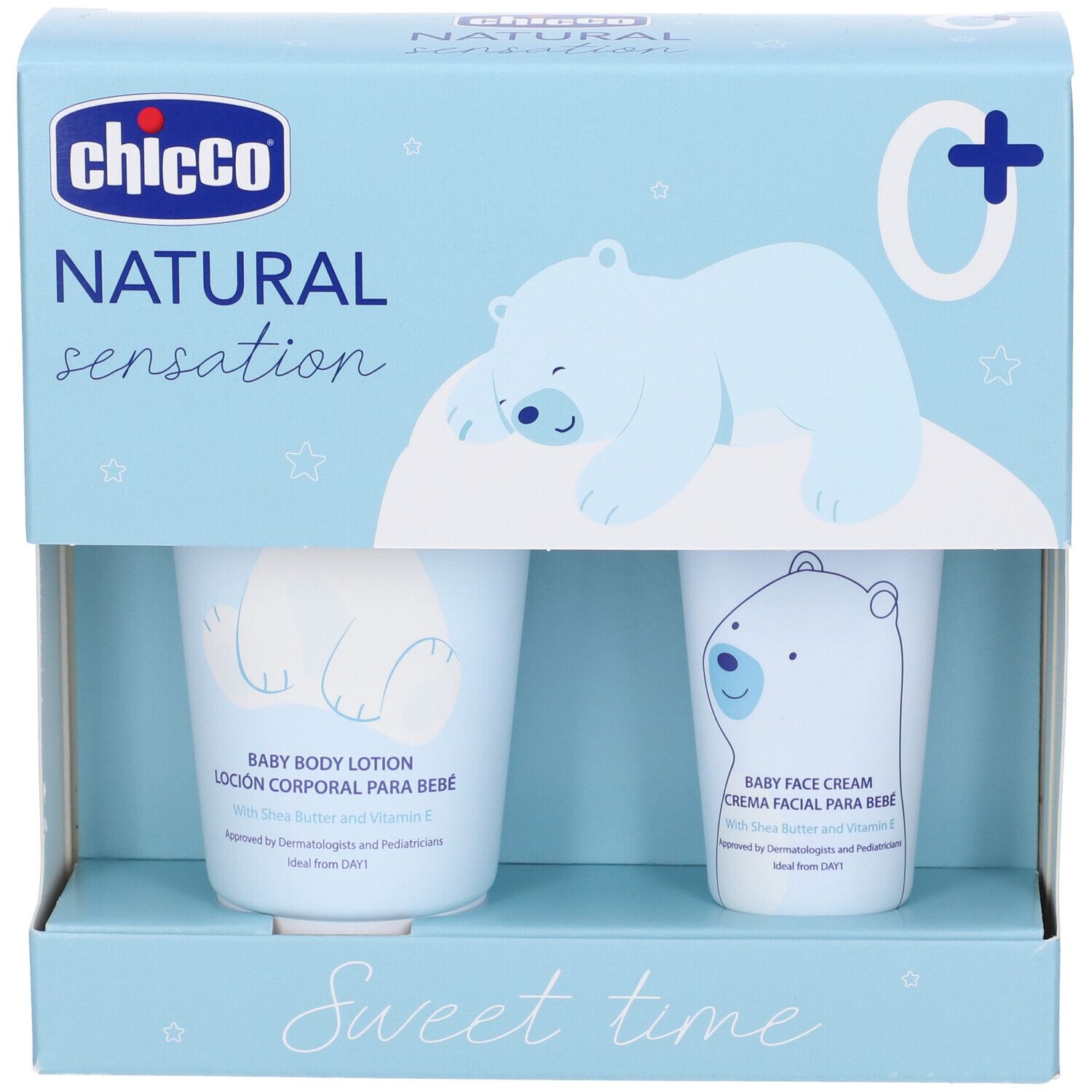 Set cosmetico per bambini in confezione azzurra. Due prodotti con orso polare. Scritte: Natural Sensation, Sweet Time. Marchio: Chicco.
