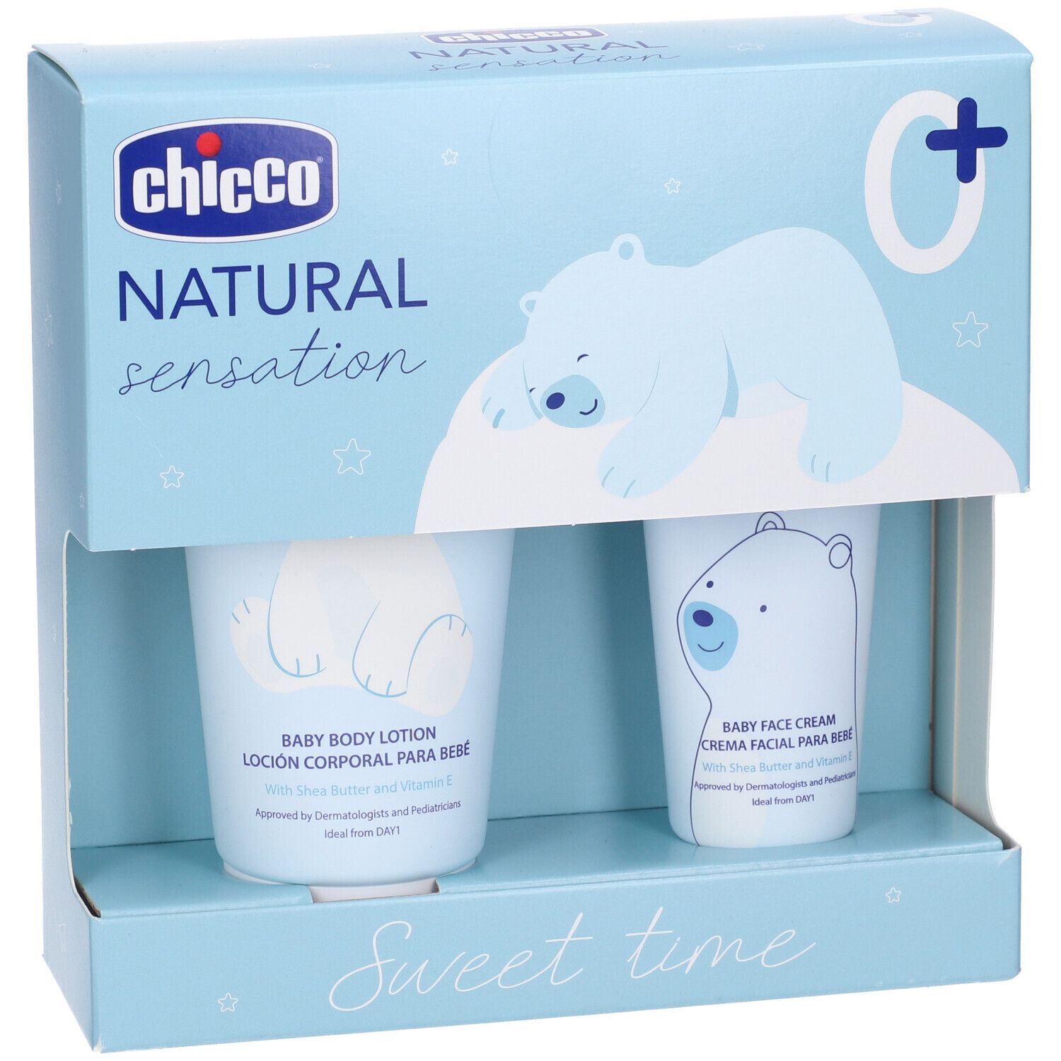 Set cosmetico per bambini in confezione azzurra. Due prodotti con orso polare. Scritte: Natural Sensation, Sweet Time. Marchio: Chicco.