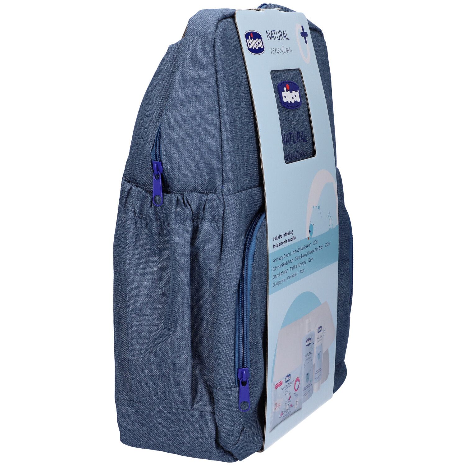 Zaino blu, vista laterale. Confezione con Chicco, Natural Sensation. Contiene prodotti. Cerniera e tasca laterale.