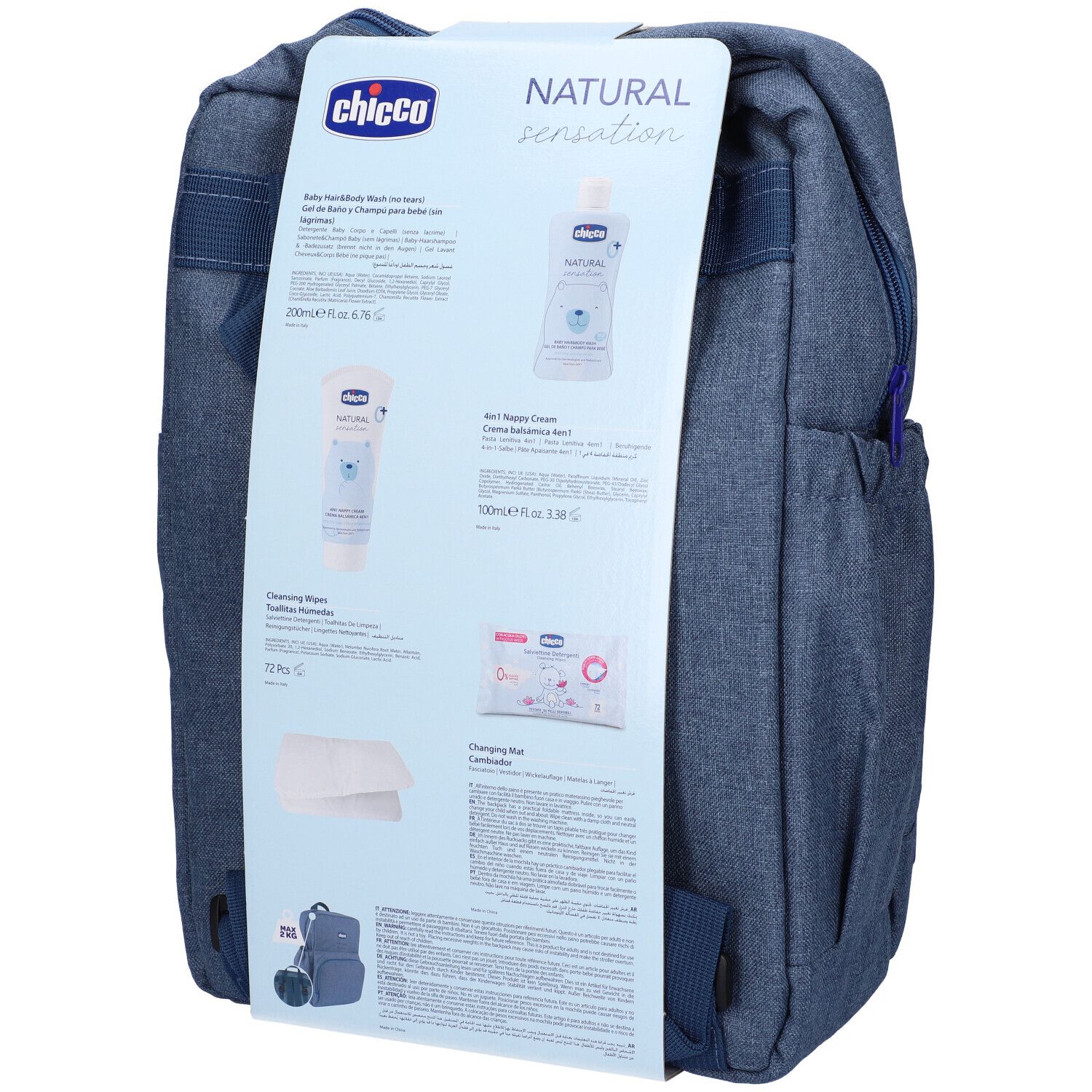 Retro della confezione. Contiene: detergente, crema, salviette, fasciatoio. Testo: Chicco, Natural Sensation. Informazioni prodotto.