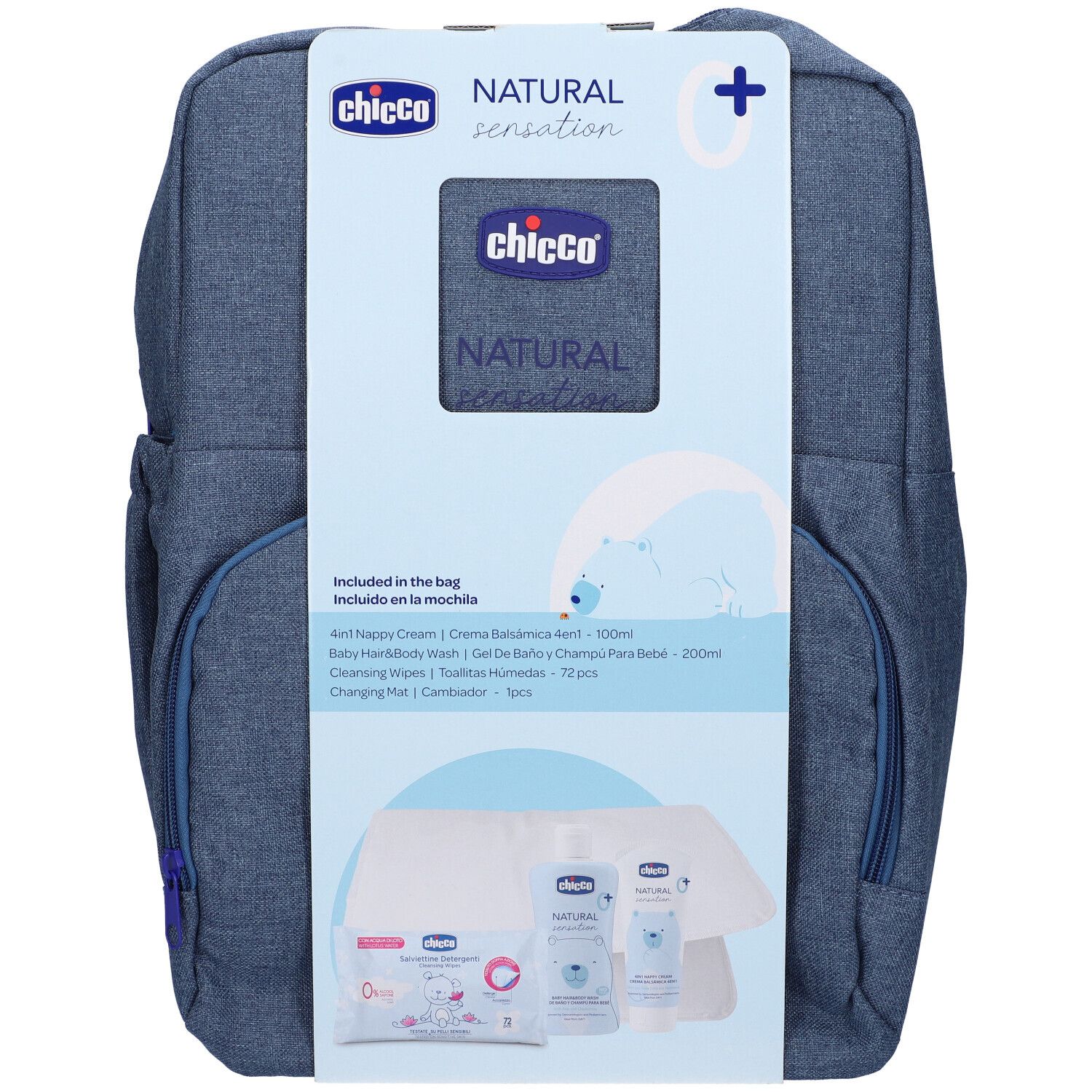 Zaino blu con prodotti. Confezione: Chicco, Natural Sensation. Contiene: crema, detergente, salviette, fasciatoio.