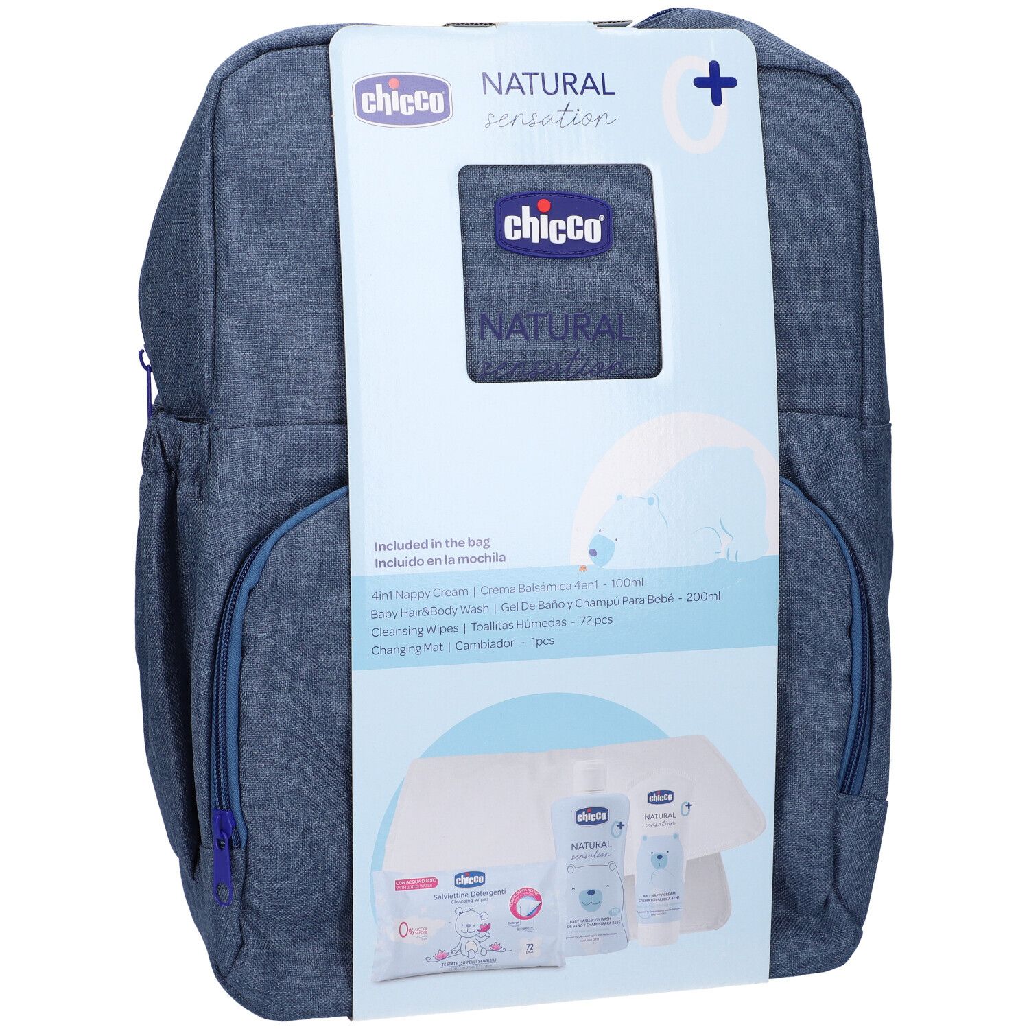 Zaino blu con prodotti. Confezione: Chicco, Natural Sensation. Contiene: crema, detergente, salviette, fasciatoio.