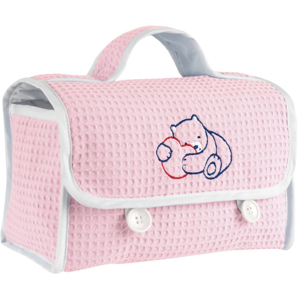 Borsa cosmetica rosa a nido d'ape, manico e ricamo orsetto. Due bottoni. Bordo bianco.