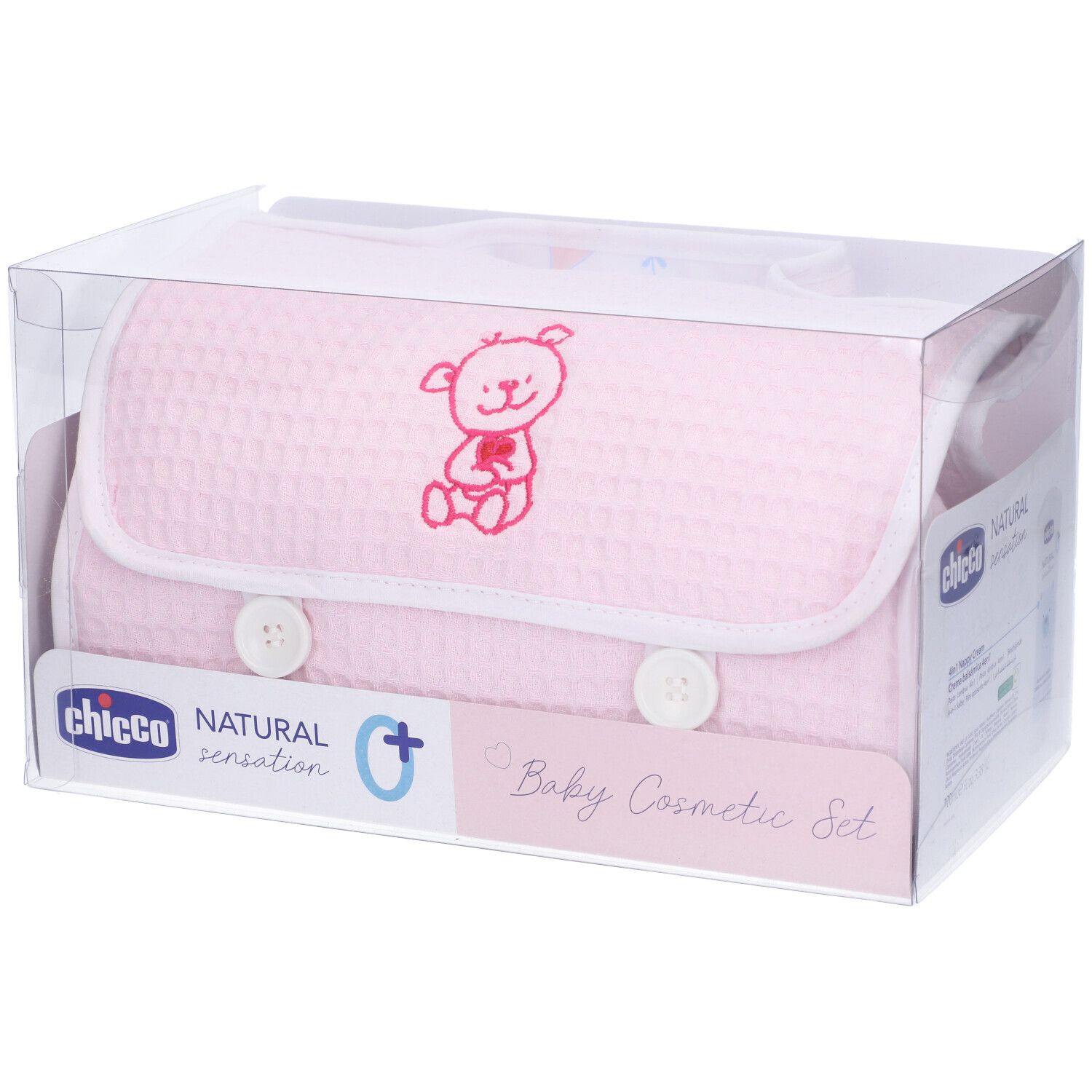 Confezione con borsa cosmetica rosa con ricamo orsetto, due bottoni. Marchio Chicco, Natural Sensation, Baby Cosmetic Set.