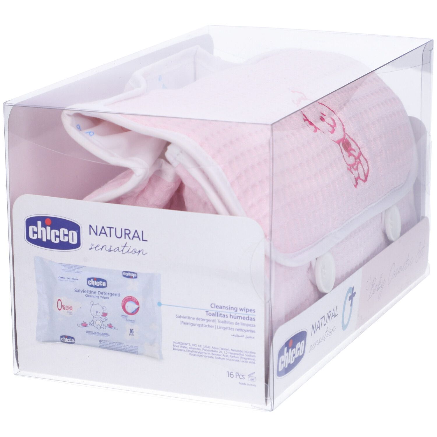 Confezione con borsa cosmetica rosa, salviettine umidificate e marchio Chicco, Natural Sensation. Baby Cosmetic Set.