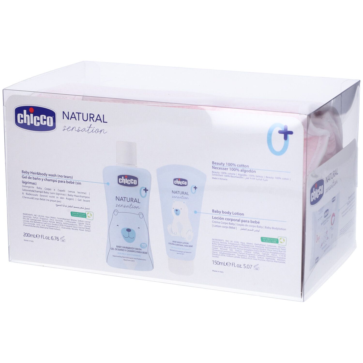 Confezione con gel lavante per bambini, lozione per il corpo per bambini e marchio Chicco, Natural Sensation. Baby Cosmetic Set.