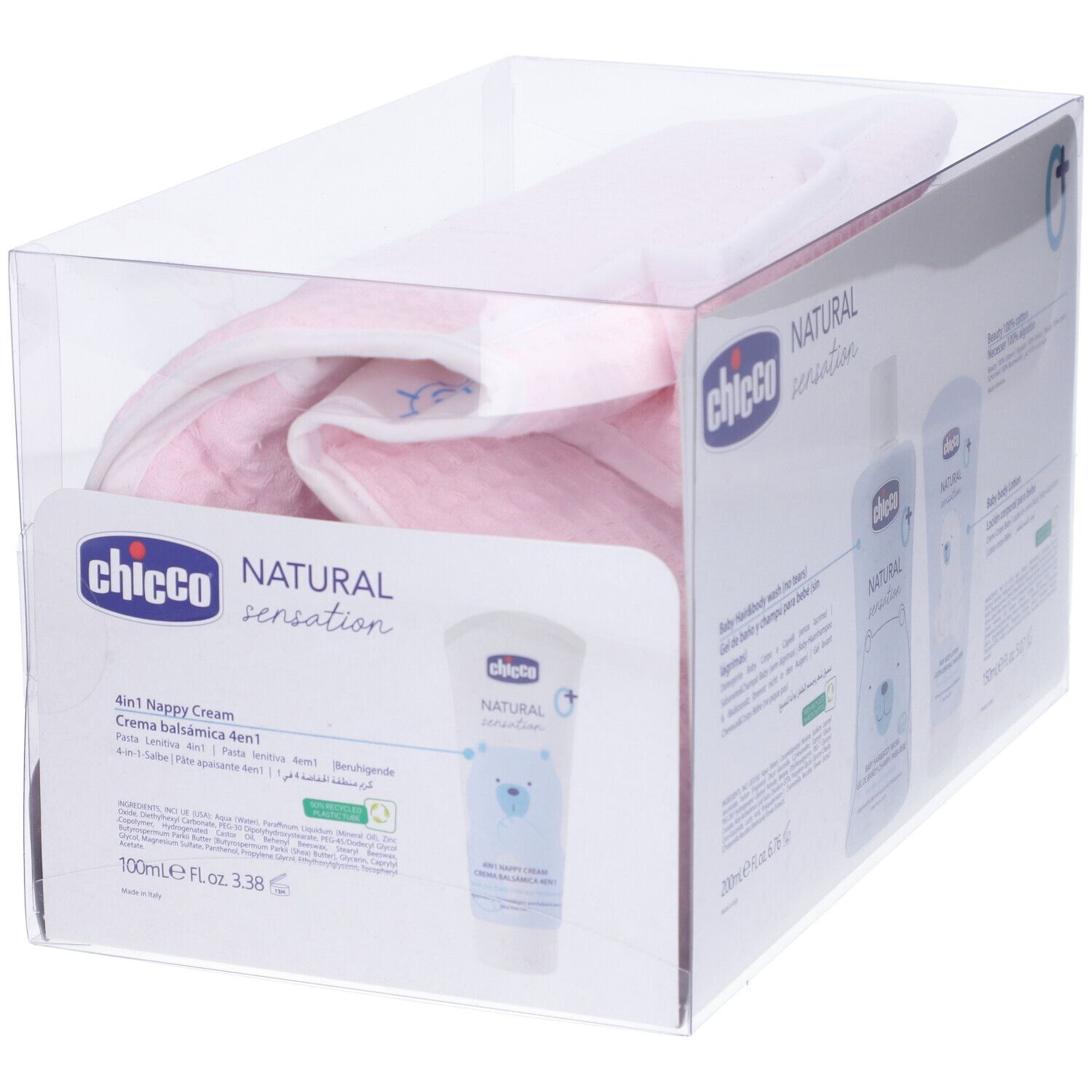 Confezione con crema per pannolini e marchio Chicco, Natural Sensation. Baby Cosmetic Set.