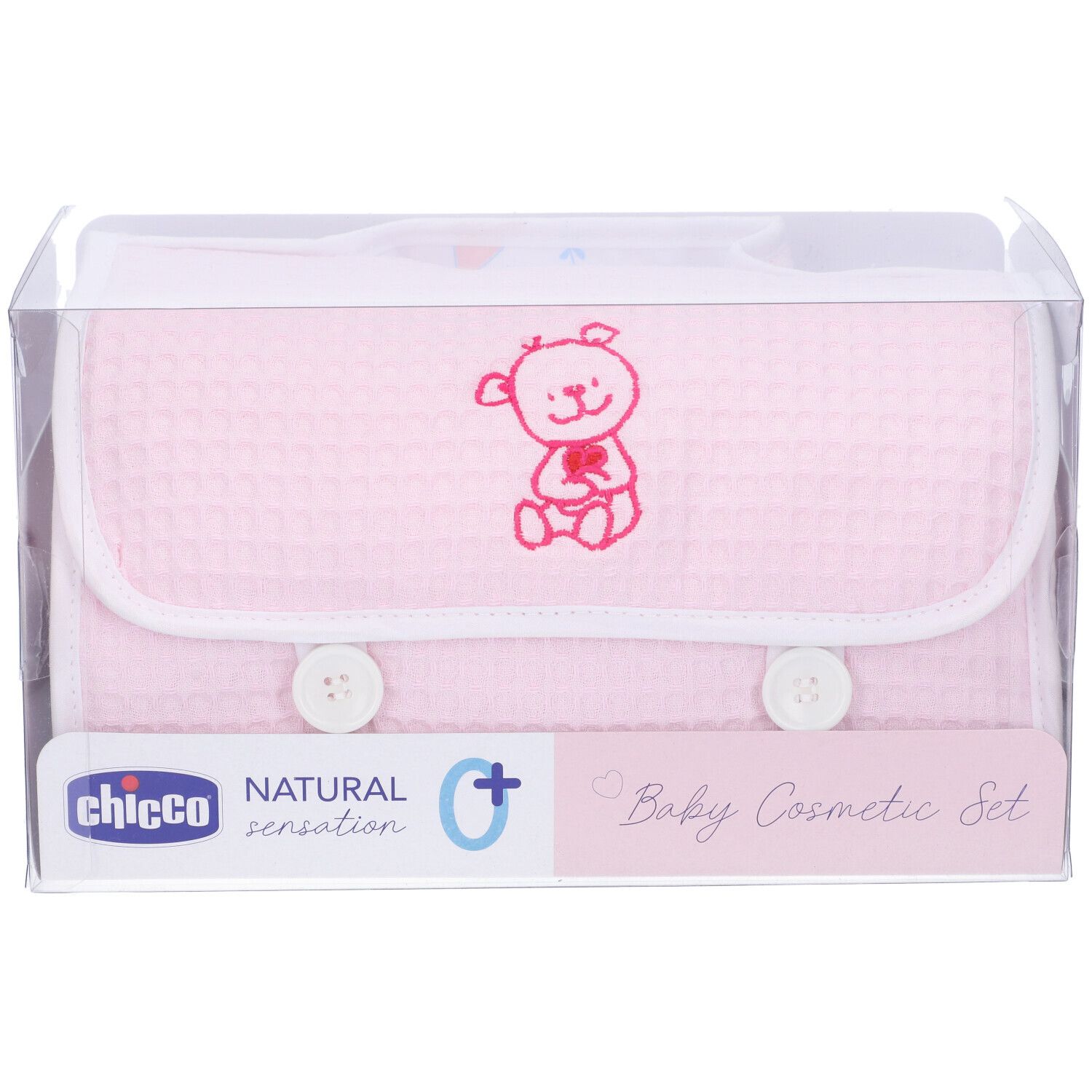 Confezione con borsa cosmetica rosa con ricamo orsetto, due bottoni. Marchio Chicco, Natural Sensation, Baby Cosmetic Set.
